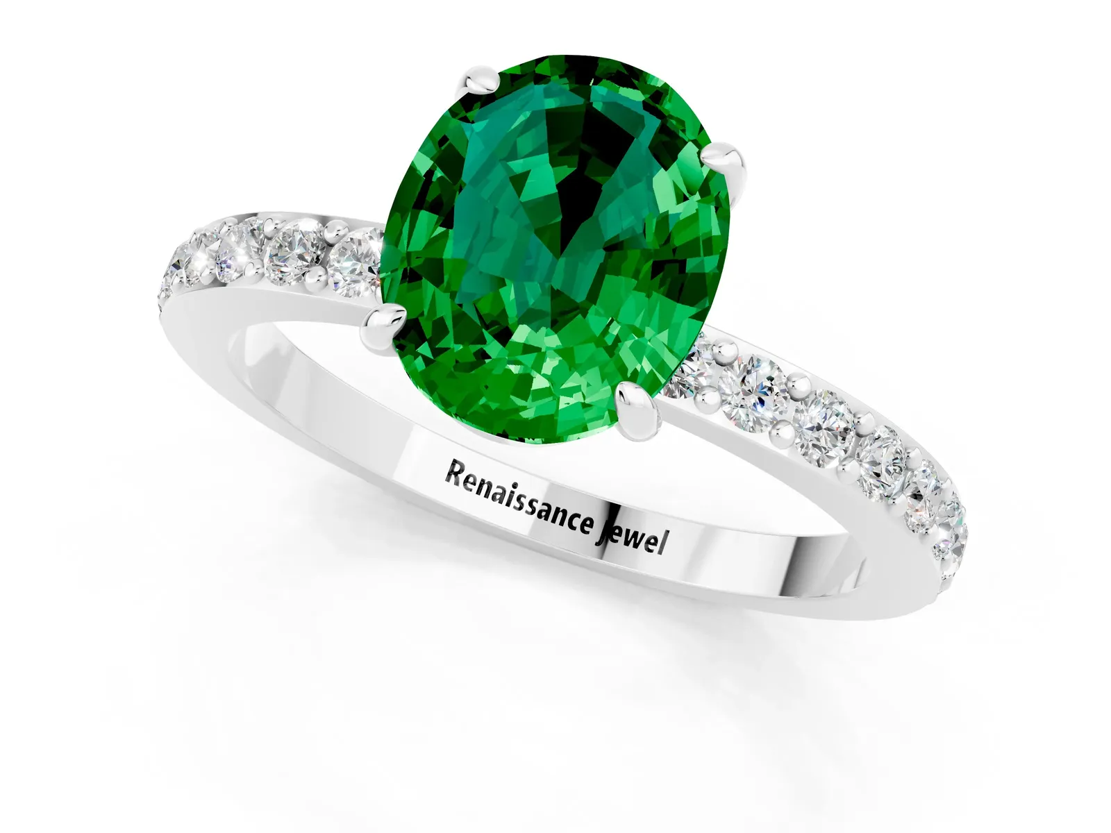 Oval Cut Emerald Solitaire Engagement Ring with Pavé Band and Four-Prong Setting Platinum