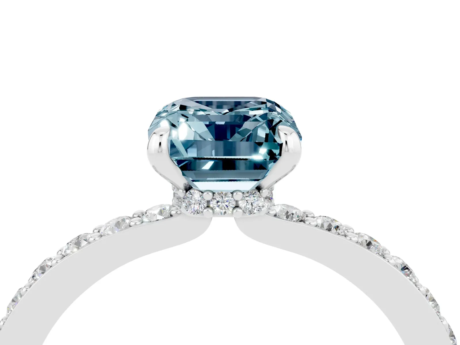Emerald Cut Aquamarine Solitaire Engagement Ring with Pavé Band and Four-Prong Setting Platinum