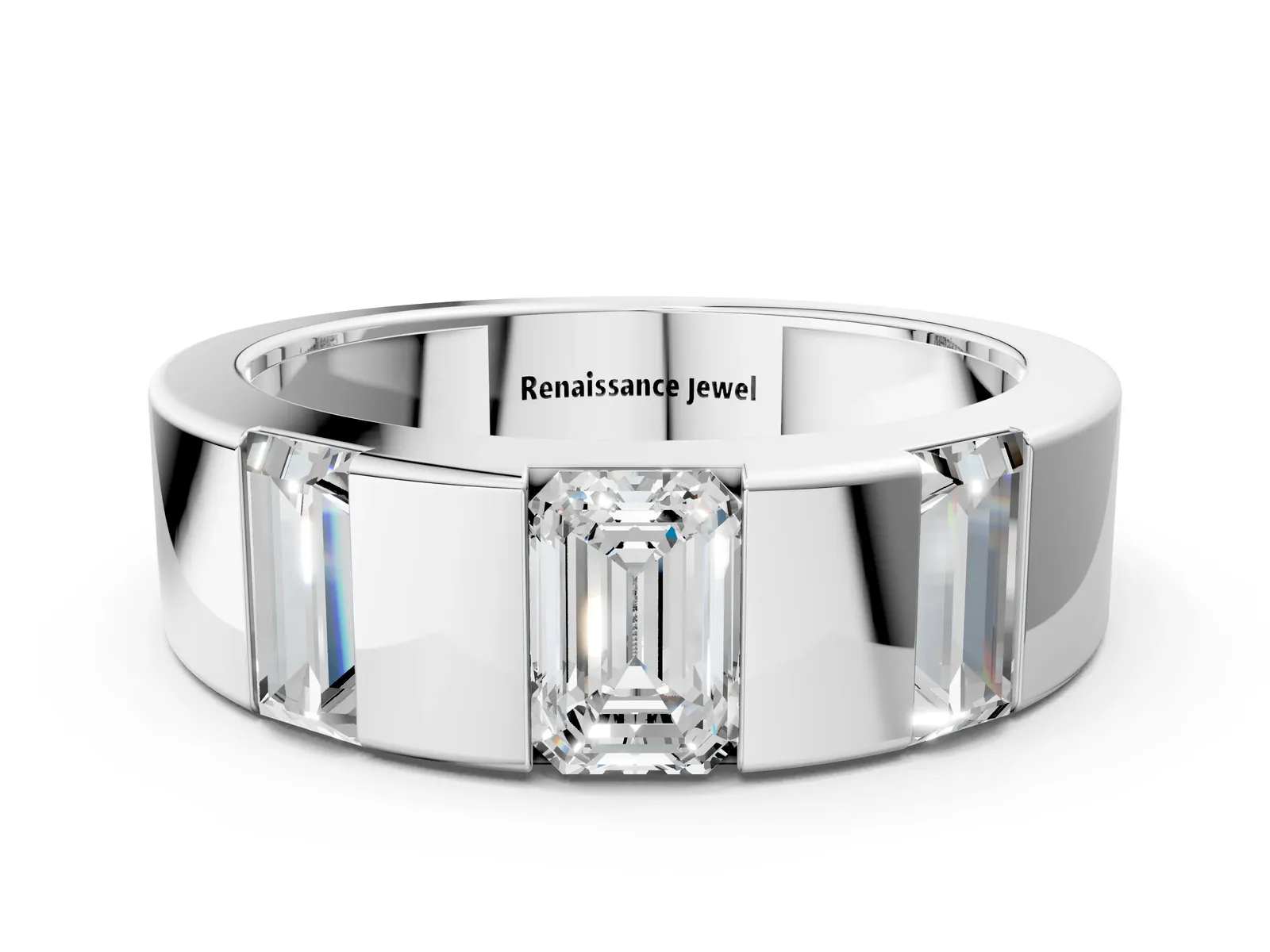 Emerald Cut Diamond Three-Stone Mens Ring with Baguette Side Stones Platinum