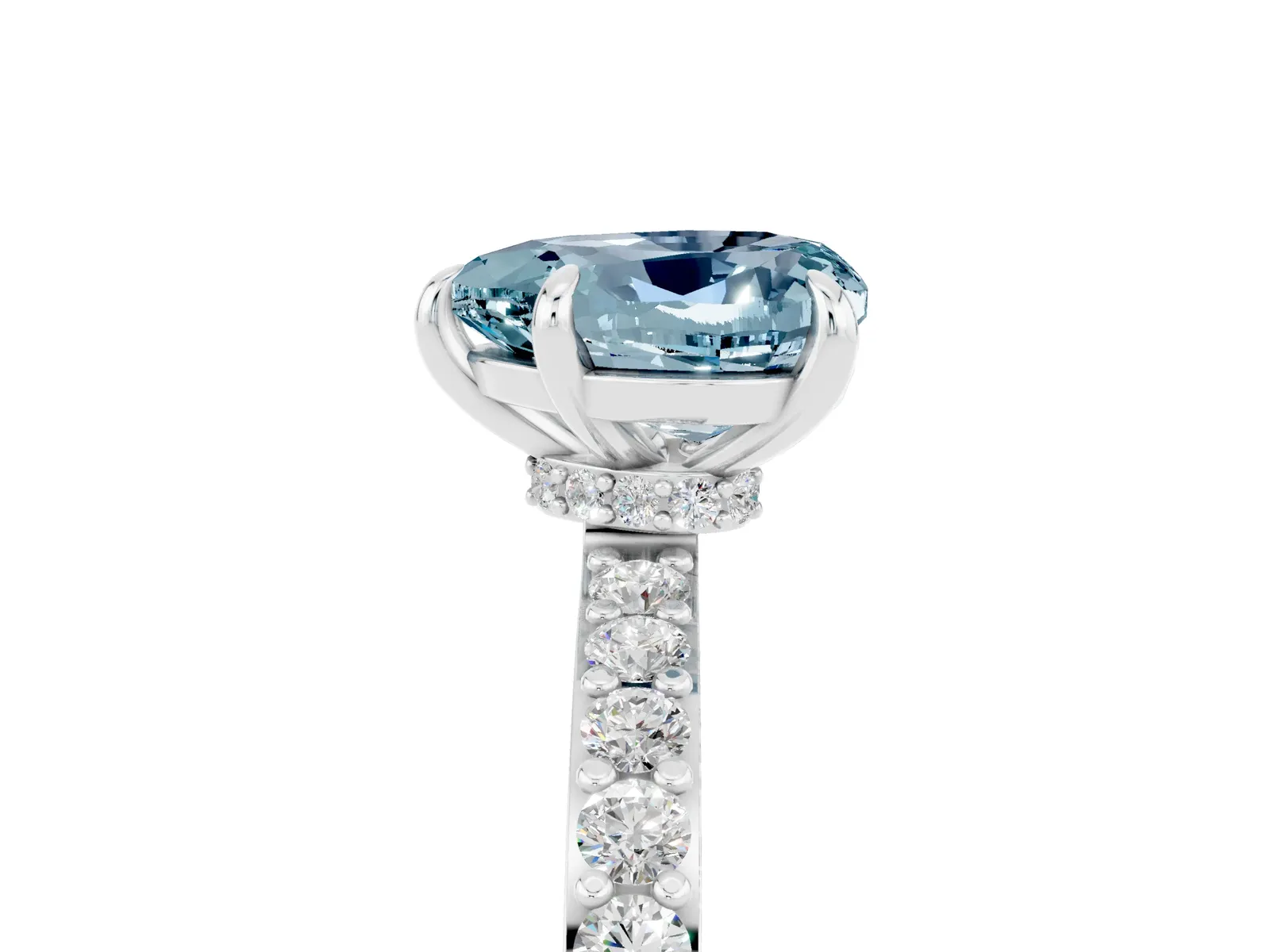 Heart Cut Aquamarine Solitaire Engagement Ring with Pavé Band and Four-Prong Setting Platinum