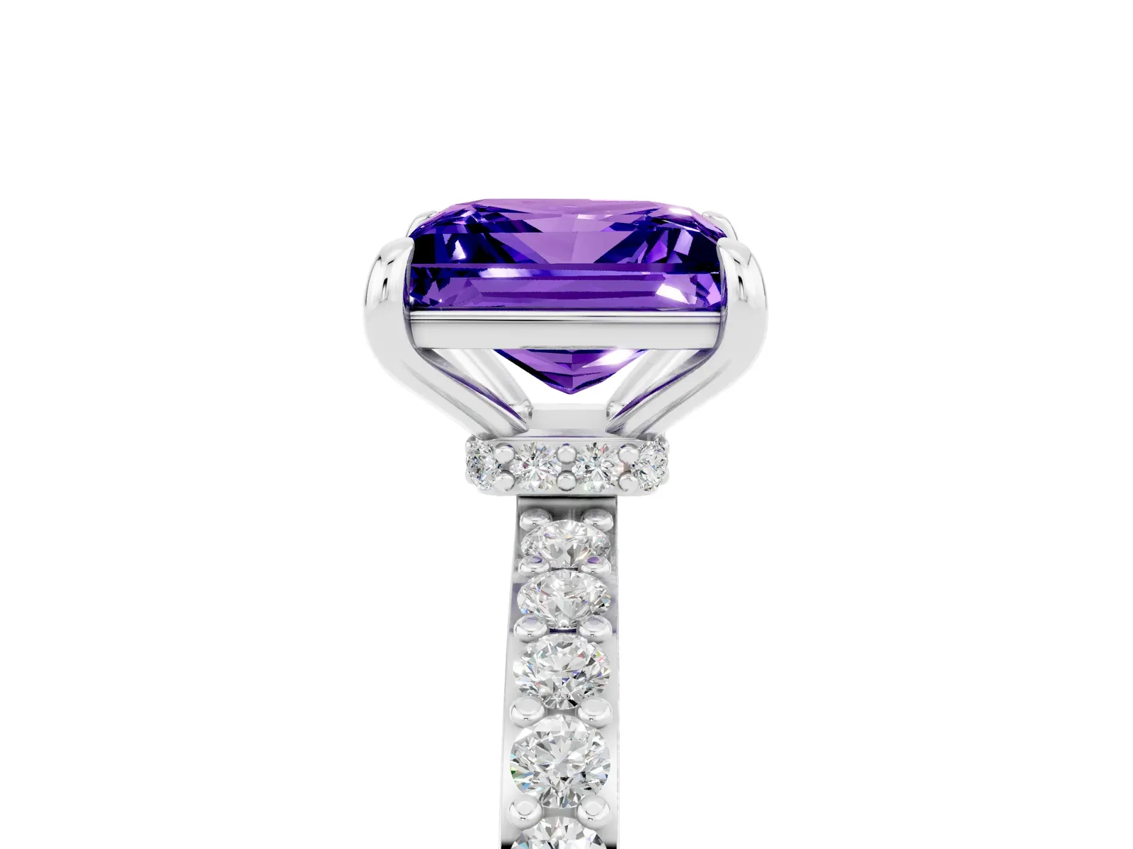 Princess Cut Tanzanite Solitaire Engagement Ring with Pavé Band and Four-Prong Setting Platinum