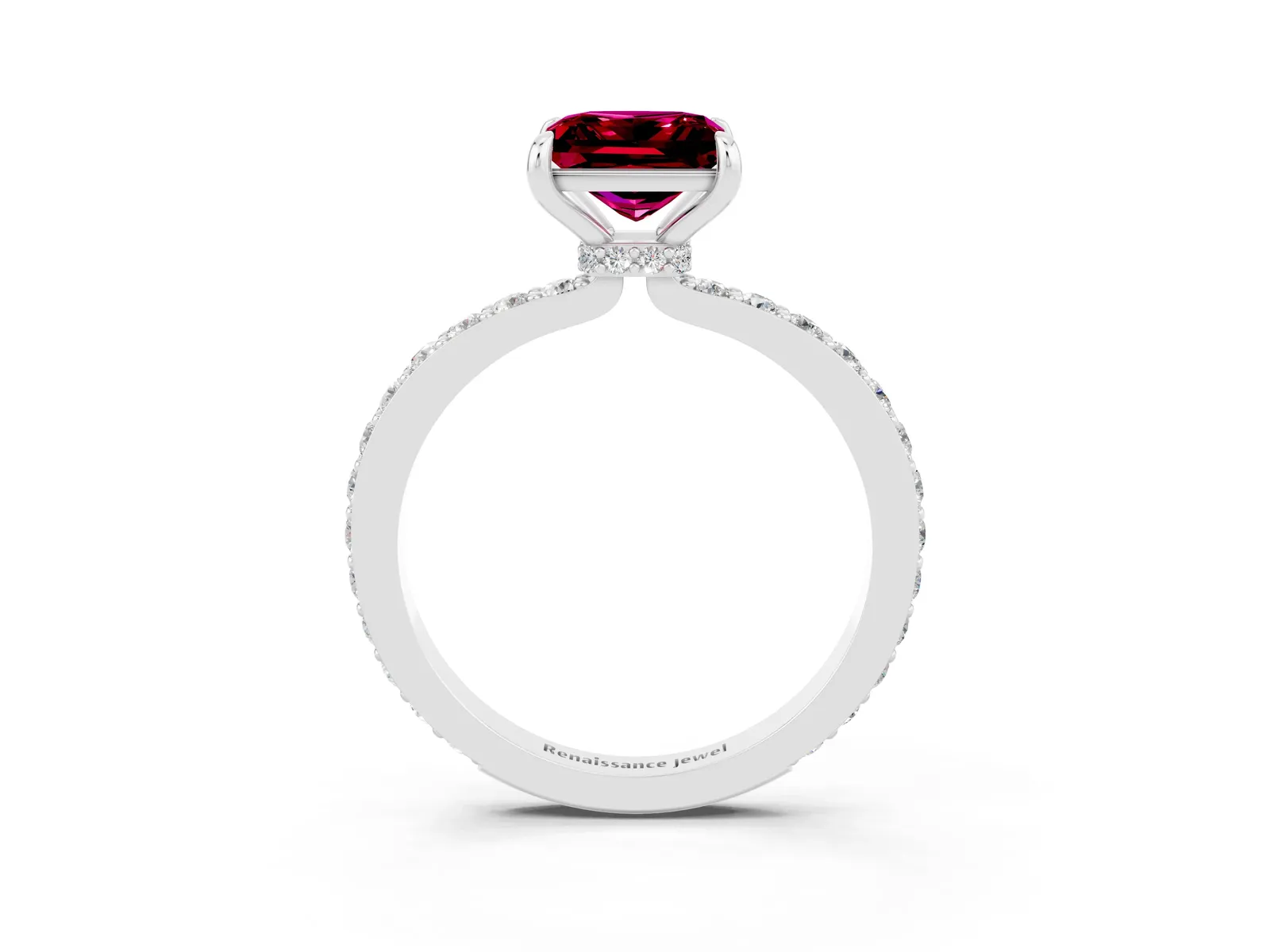Princess Cut Garnet Solitaire Engagement Ring with Pavé Band and Four-Prong Setting Platinum