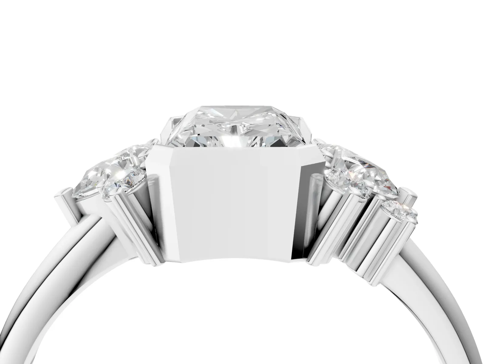 Radiant Diamond Engagement Ring with Pear and Round Side Stones Platinum