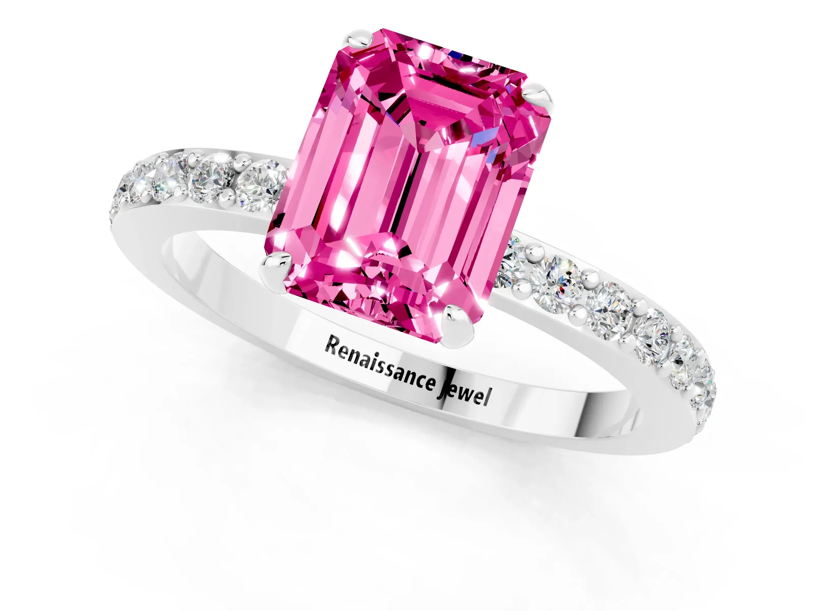 Emerald Cut Pink Sapphire Solitaire Engagement Ring with Pavé Band and Four-Prong Setting Platinum