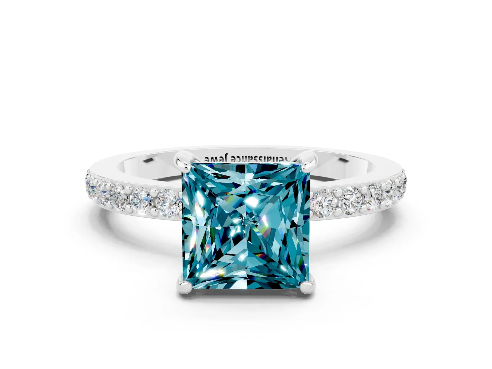 Princess Cut Blue Topaz Solitaire Engagement Ring with Pavé Band and Four-Prong Setting Platinum