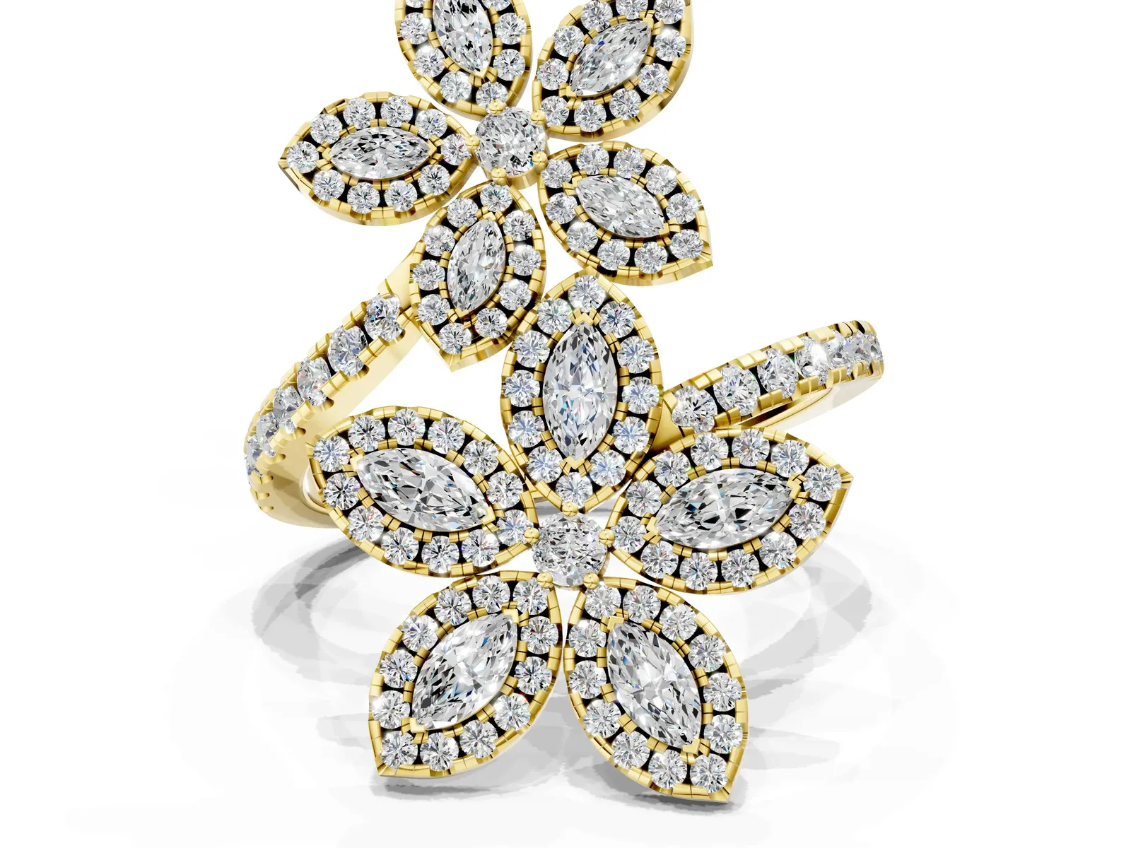 Marquise Diamond Floral Promise Ring with Round Diamond Accents Yellow gold