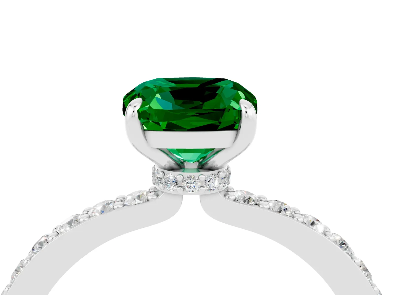 Cushion Cut Emerald Solitaire Engagement Ring with Pavé Band and Four-Prong Setting Platinum