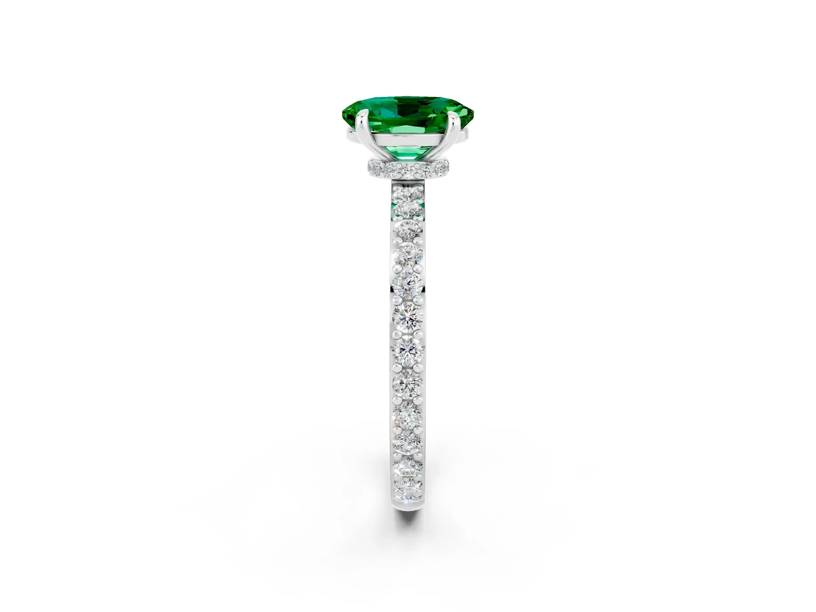 Oval Cut Emerald Solitaire Engagement Ring with Pavé Band and Four-Prong Setting Platinum