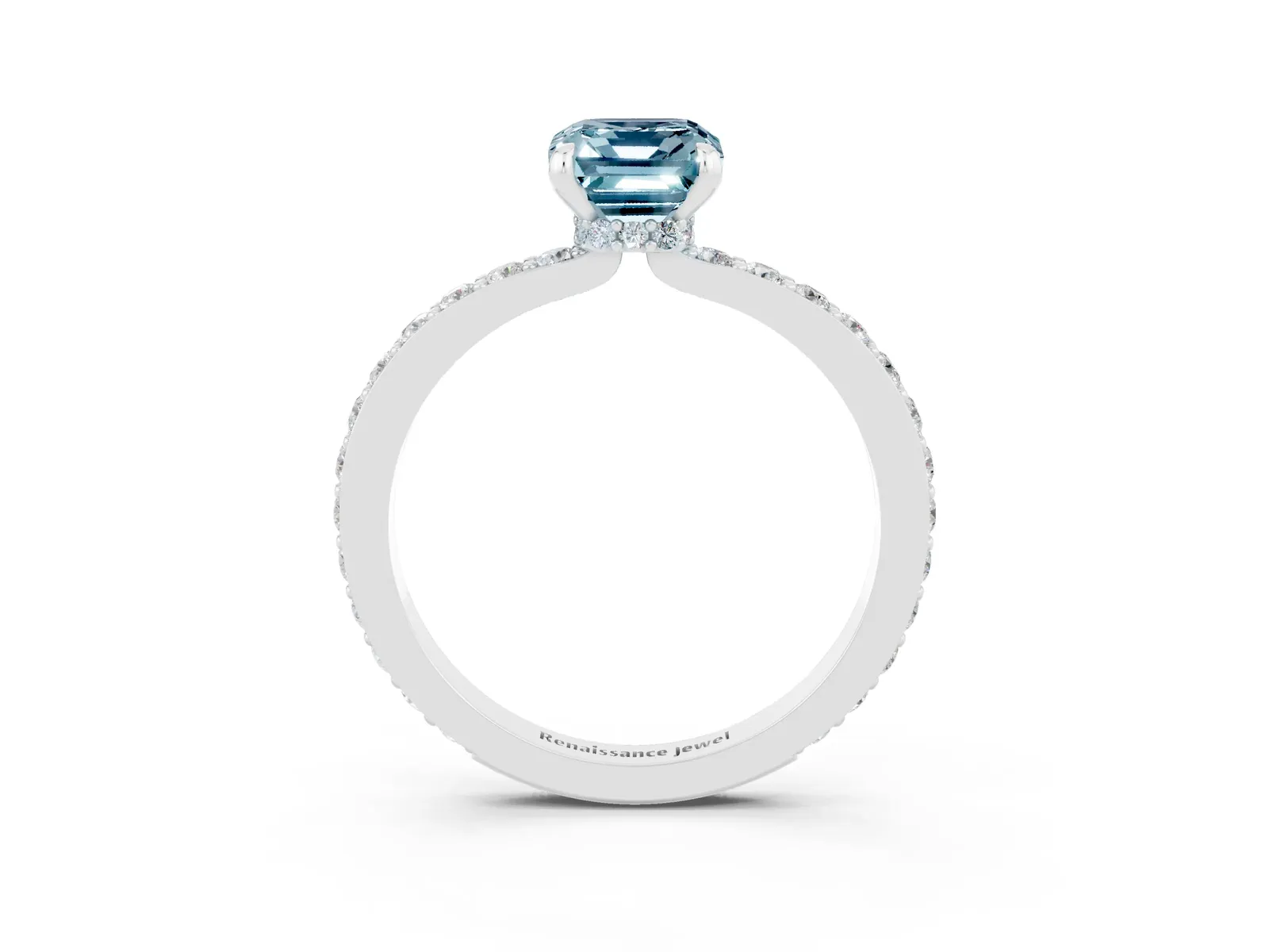 Emerald Cut Aquamarine Solitaire Engagement Ring with Pavé Band and Four-Prong Setting Platinum