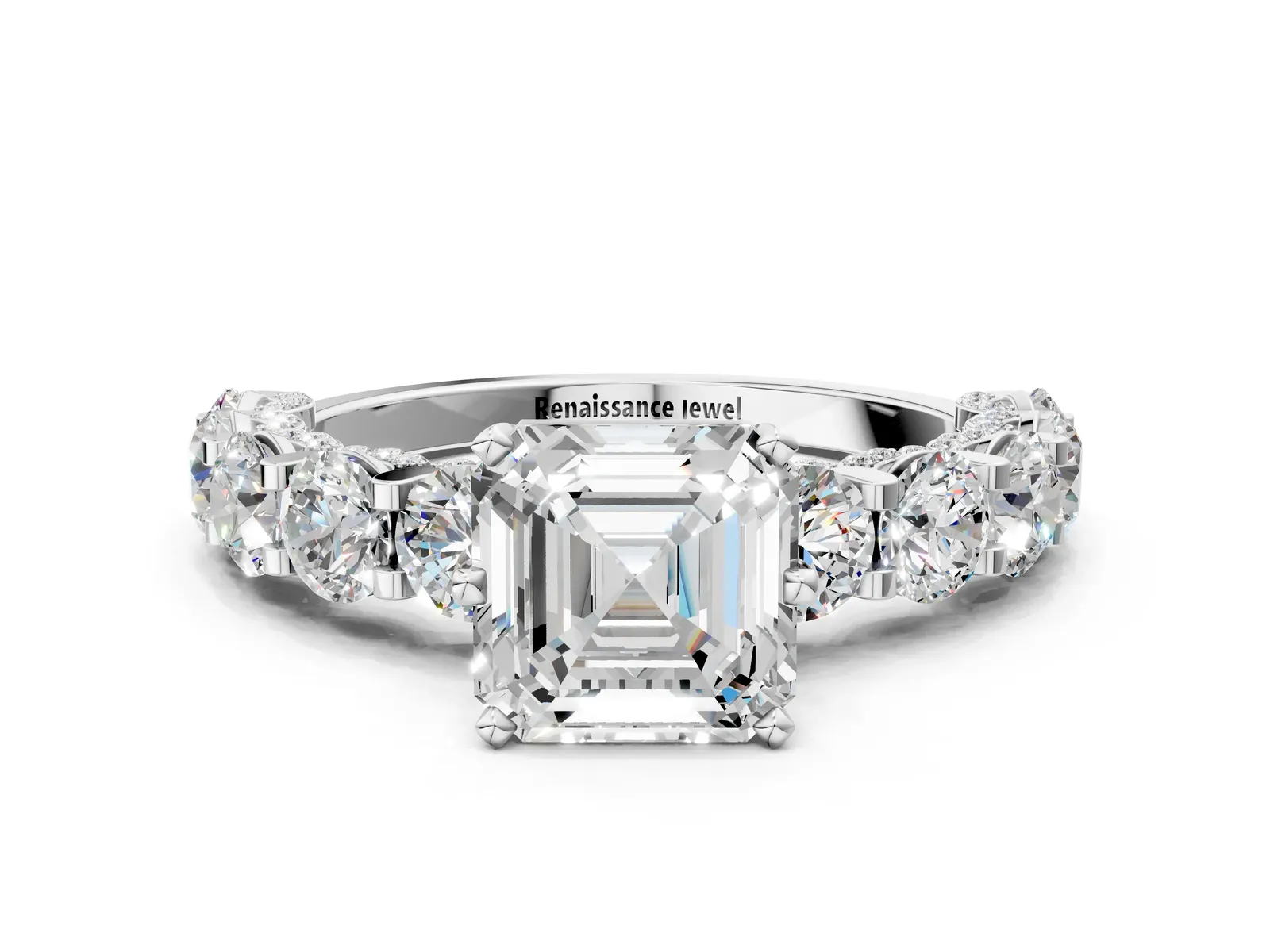 Asscher Cut Diamond Side Stone Engagement Ring with Four-Prong Setting White gold