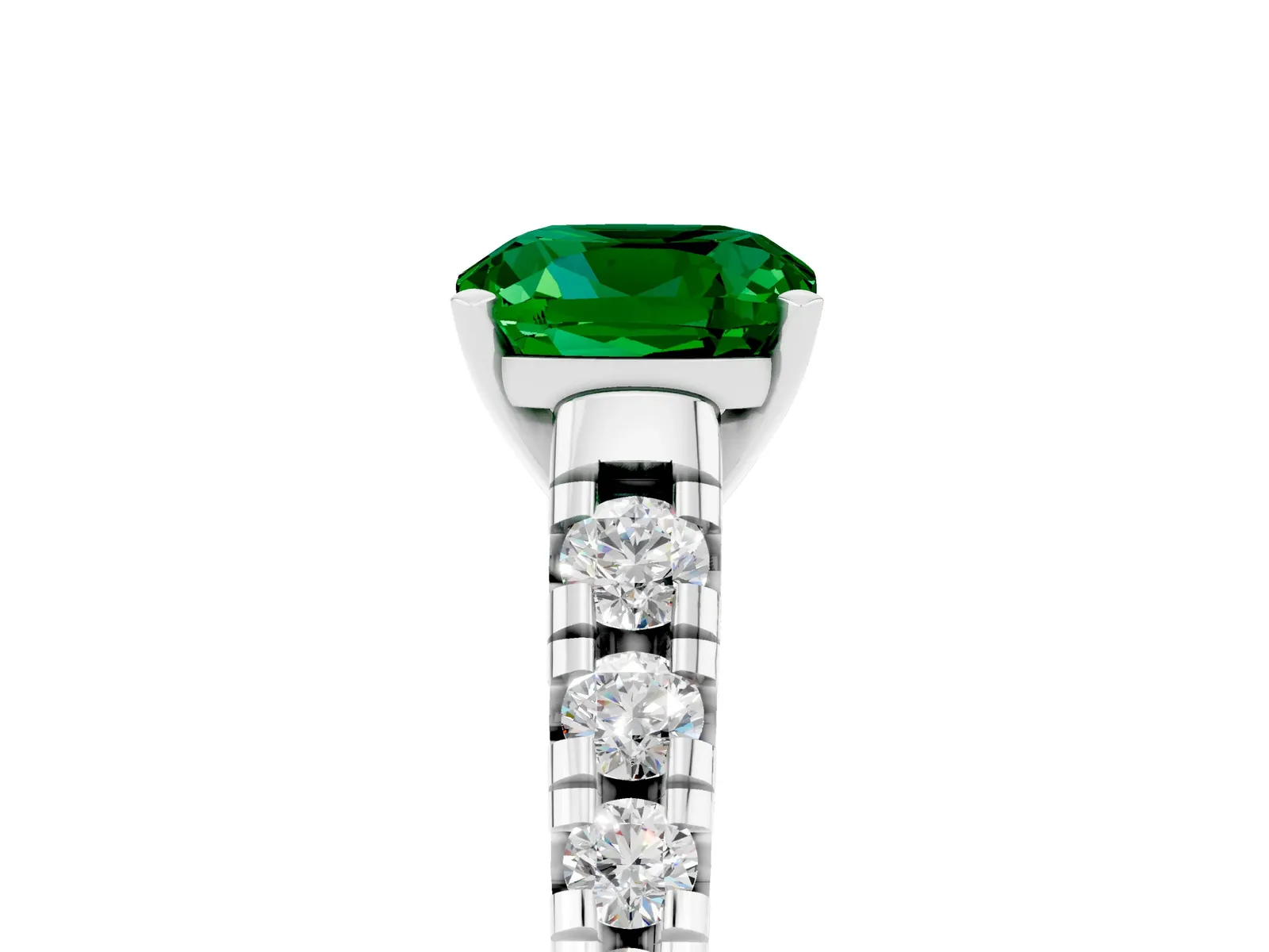 Cushion Cut Emerald Cathedral Solitaire Ring with Round Pavé Band Platinum