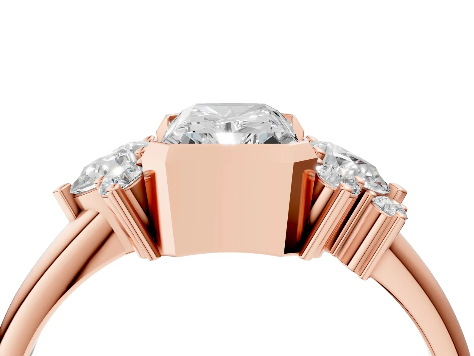 Radiant Diamond Engagement Ring with Pear and Round Side Stones Rose gold