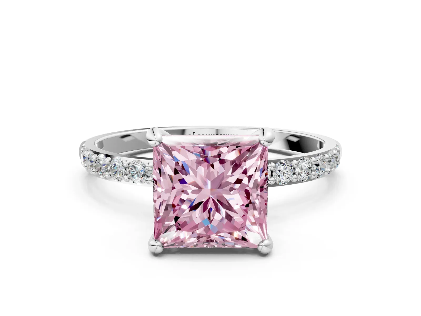 Fancy Pink Princess Cut Diamond Solitaire Ring with Round Pavé Band and Prong Setting Platinum