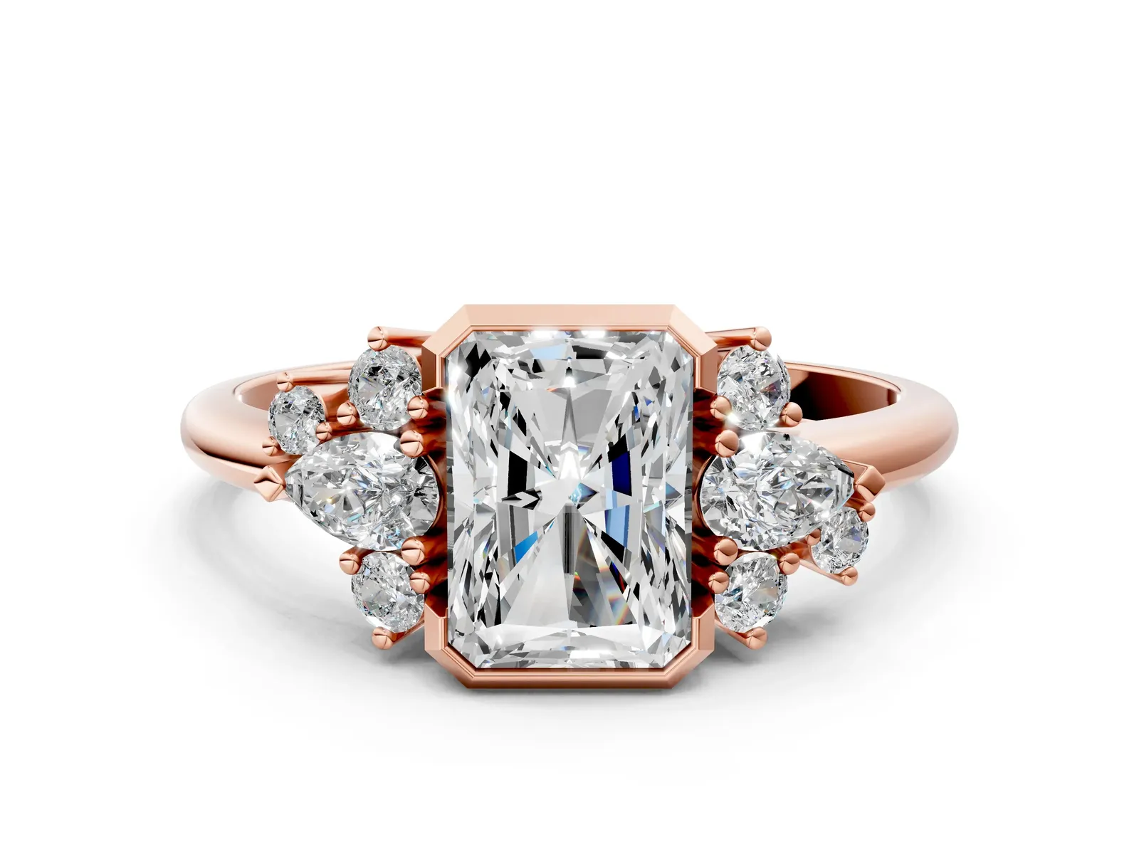 Radiant Diamond Engagement Ring with Pear and Round Side Stones Rose gold