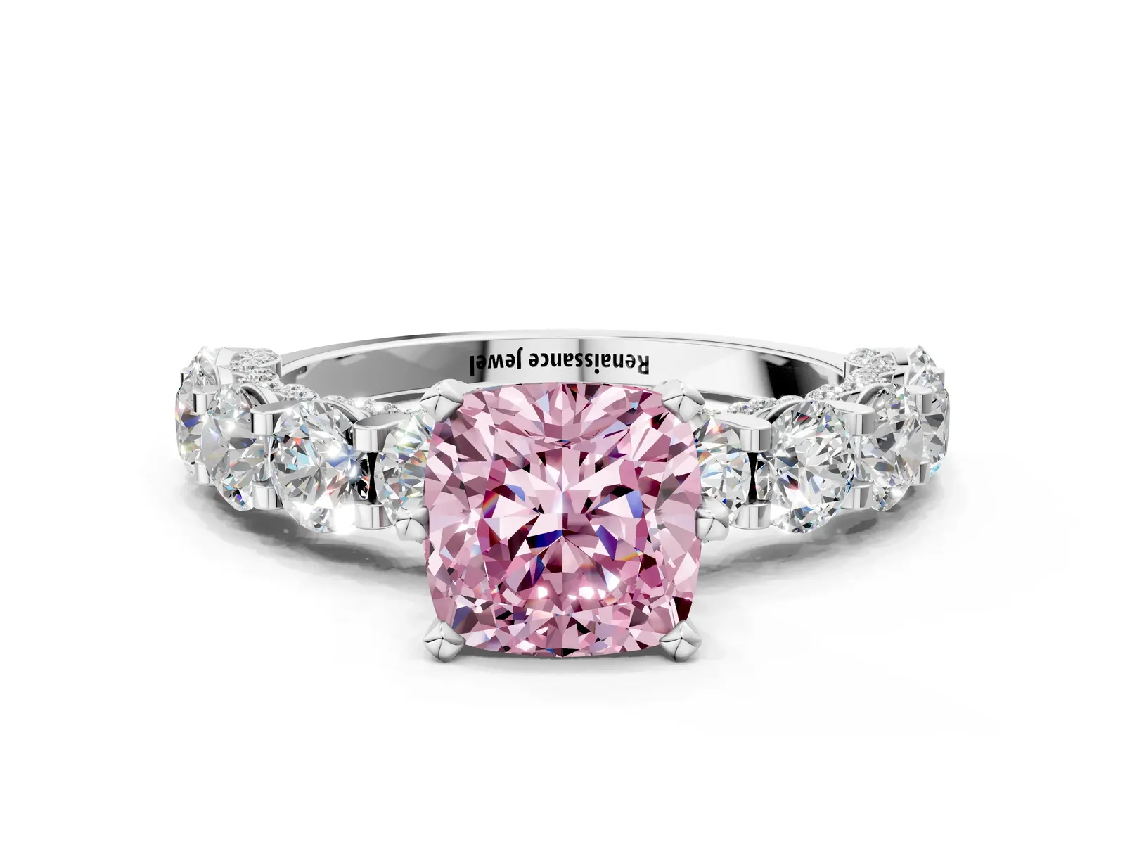 Fancy Pink Cushion Cut Diamond Side Stone Engagement Ring with Four-Prong Setting Silver