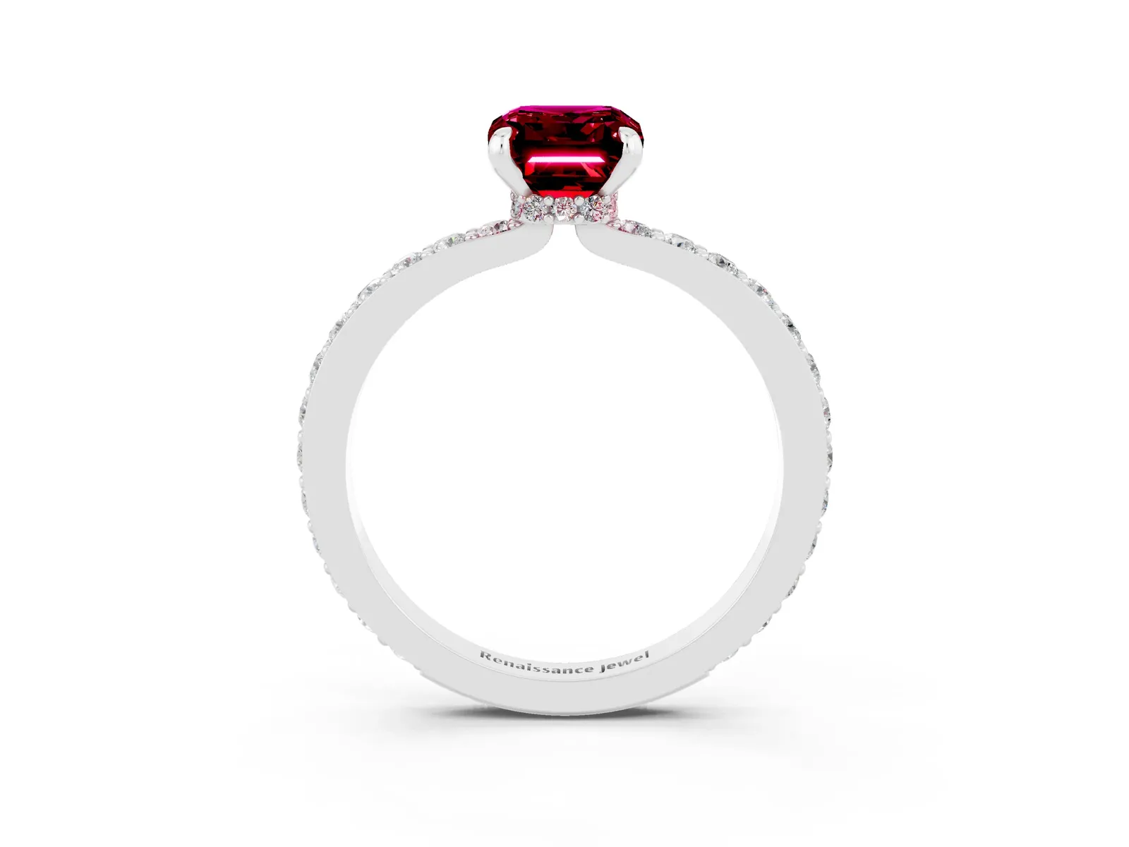 Emerald Cut Garnet Solitaire Engagement Ring with Pavé Band and Four-Prong Setting Platinum