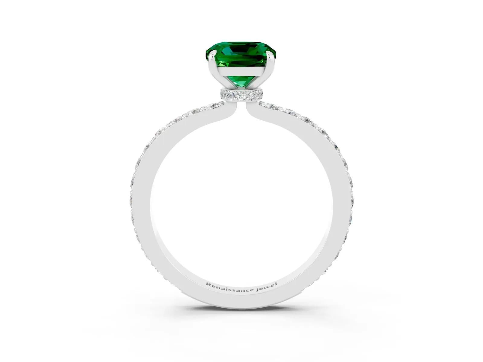 Cushion Cut Emerald Solitaire Engagement Ring with Pavé Band and Four-Prong Setting Platinum