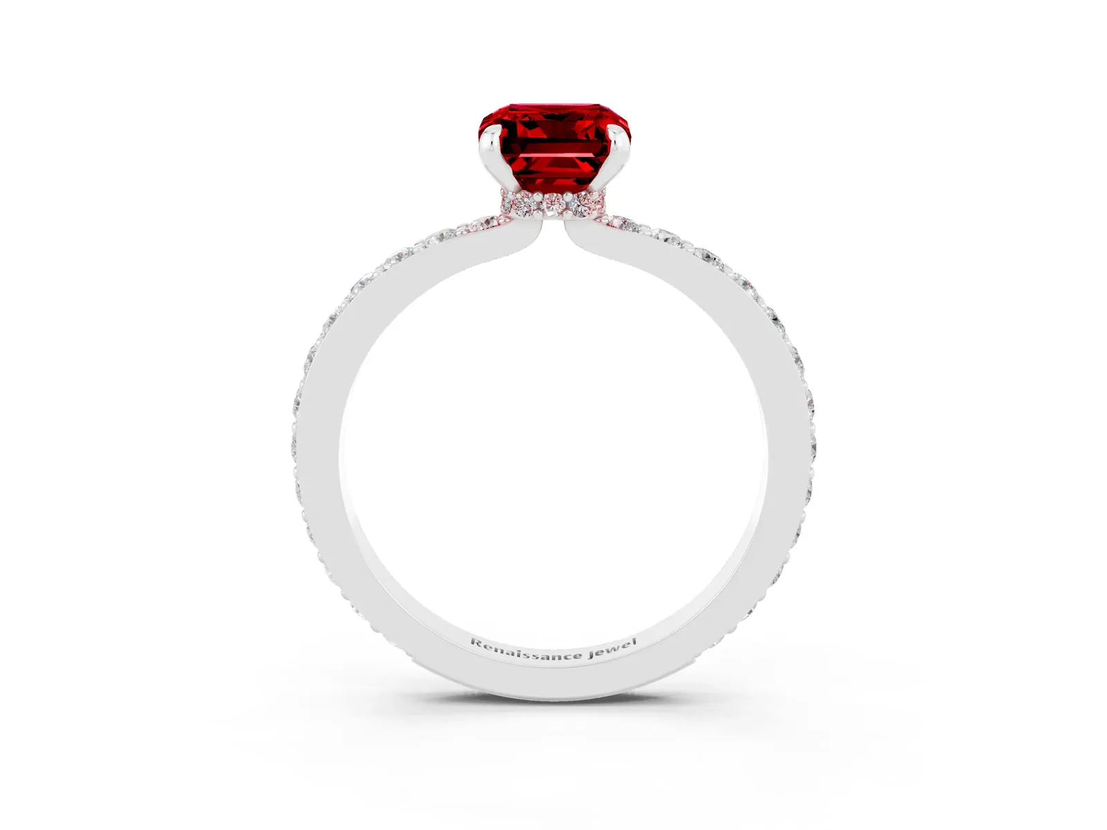 Emerald Cut Ruby Solitaire Engagement Ring with Pavé Band and Four-Prong Setting Platinum