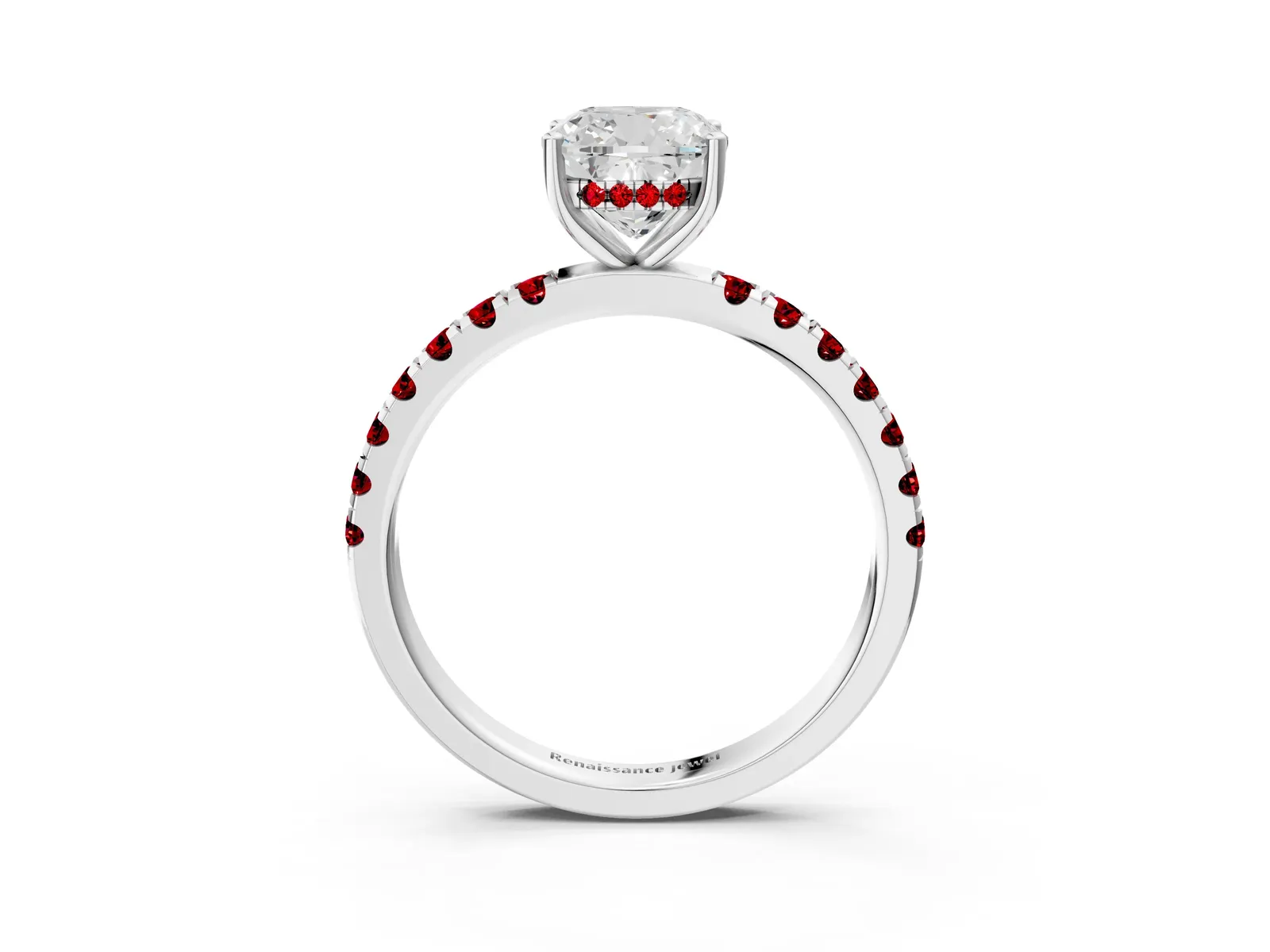 Cushion Cut Diamond Pave Band Solitaire Ring with Round Ruby and Prong Setting Platinum
