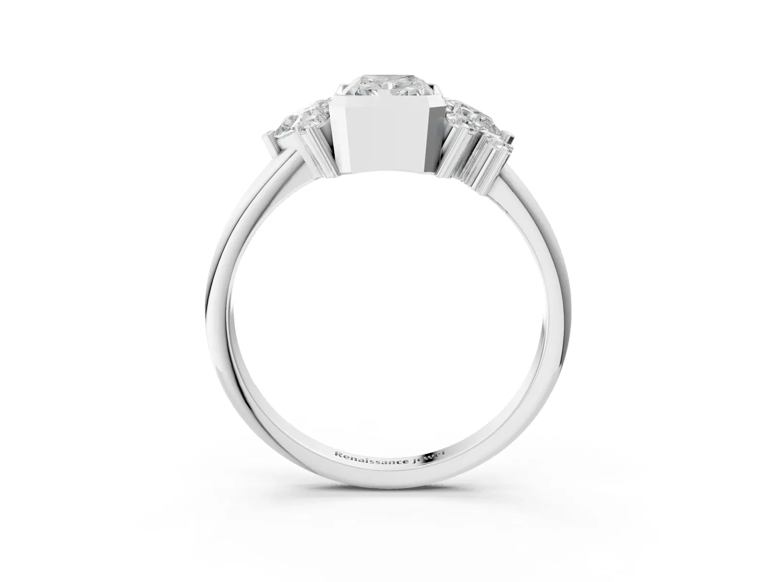 Radiant Diamond Engagement Ring with Pear and Round Side Stones Platinum
