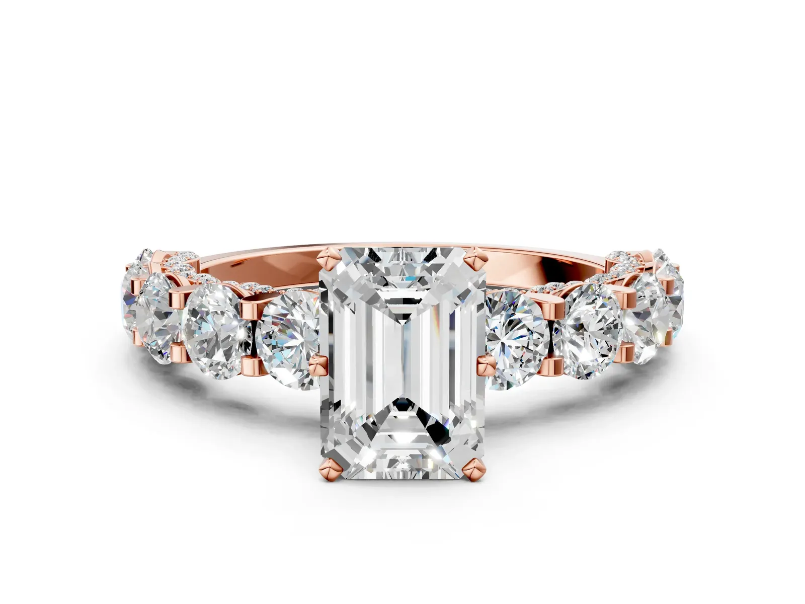 Emerald Cut Diamond Side Stone Engagement Ring with Four-Prong Setting Rose gold