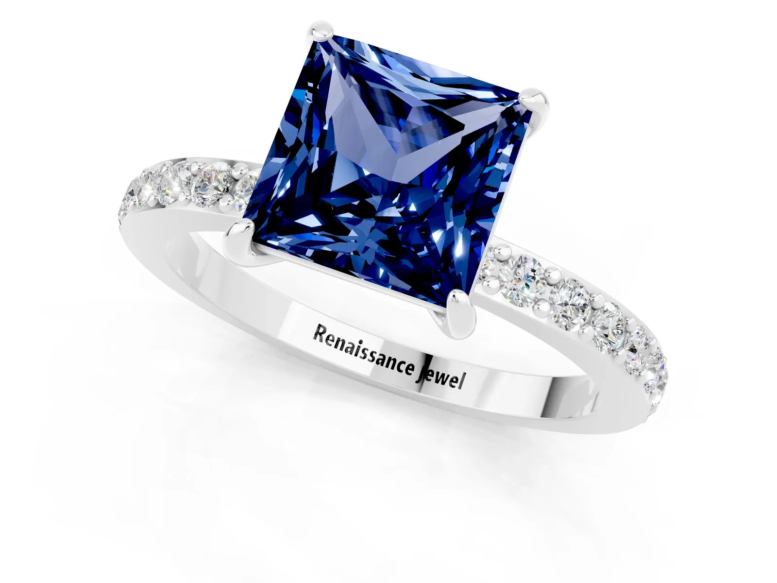Princess Cut Blue Sapphire Solitaire Engagement Ring with Pavé Band and Four-Prong Setting Platinum