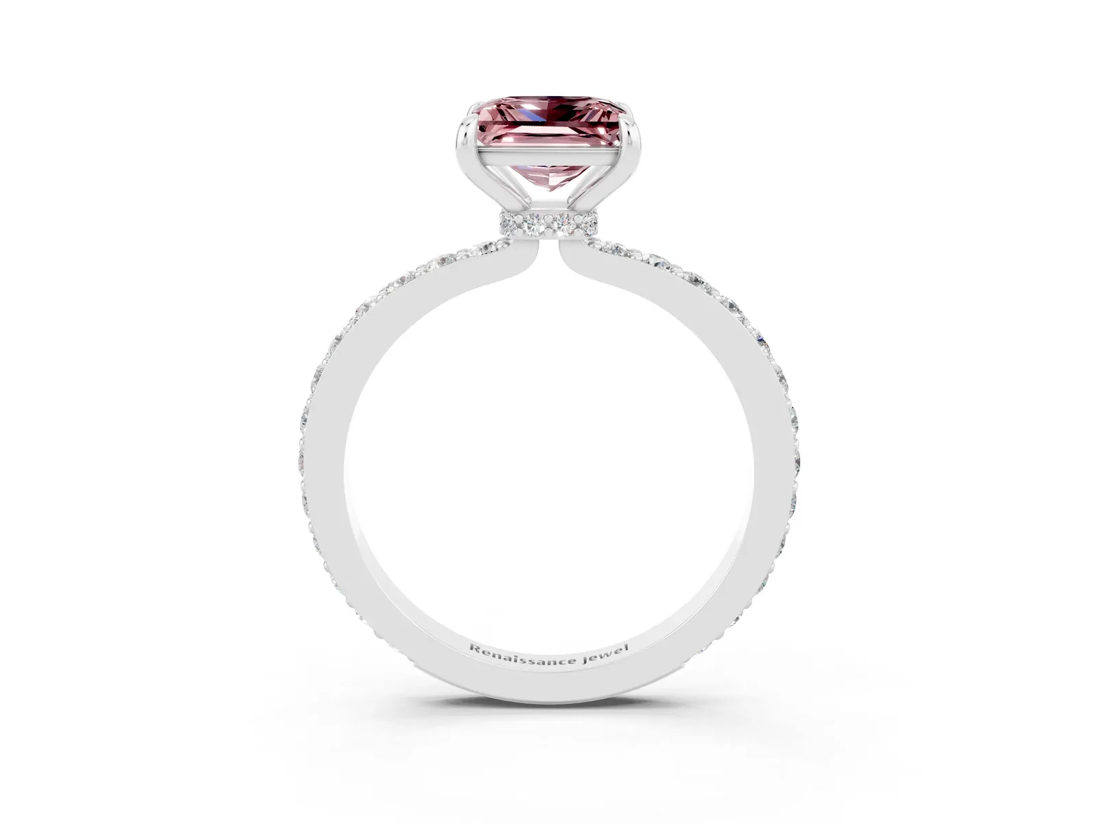 Princess Cut Morganite Solitaire Engagement Ring with Pavé Band and Four-Prong Setting Platinum