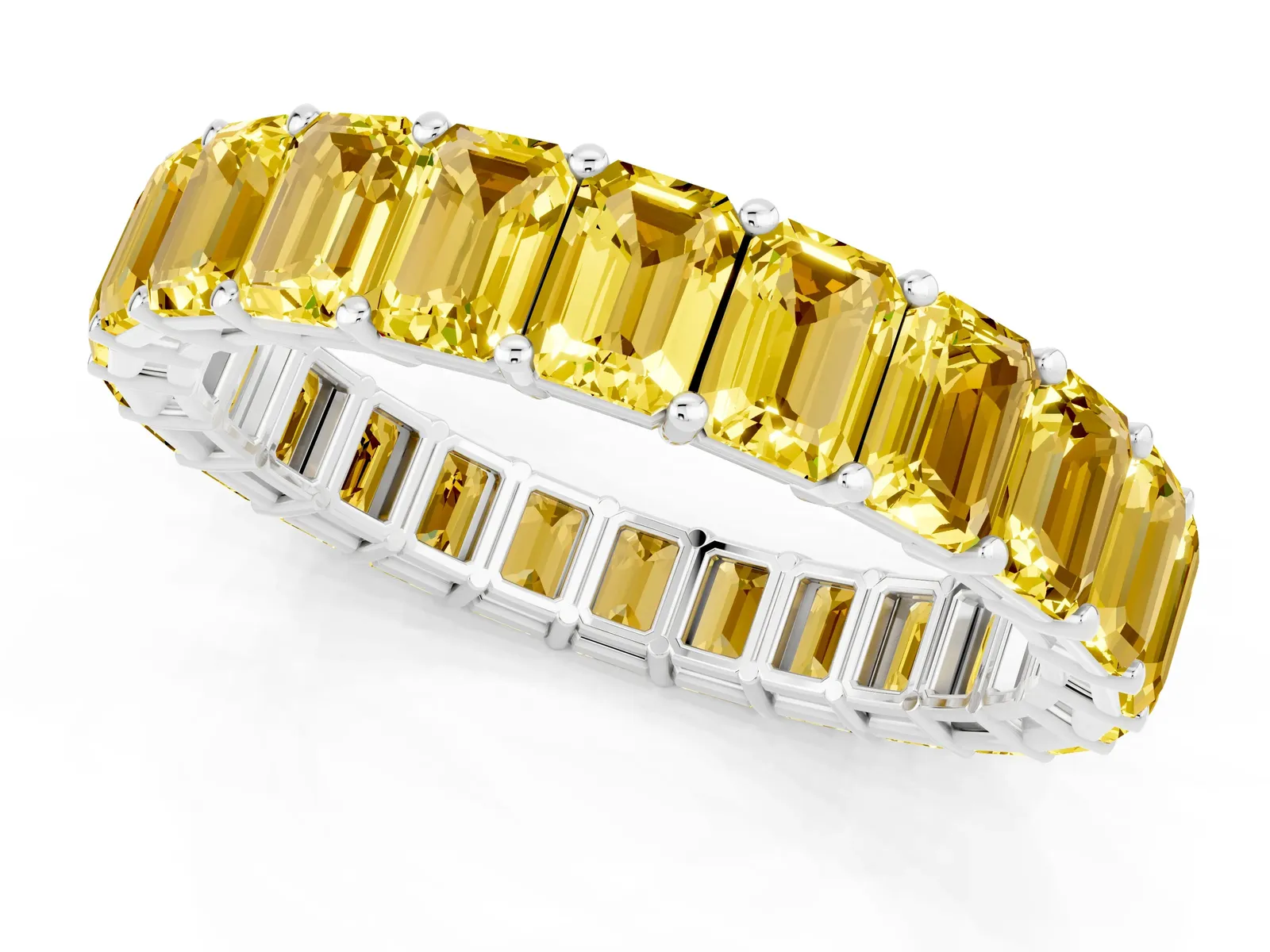 Emerald Cut Yellow Sapphire Eternity Band with Shared Prong Setting Platinum