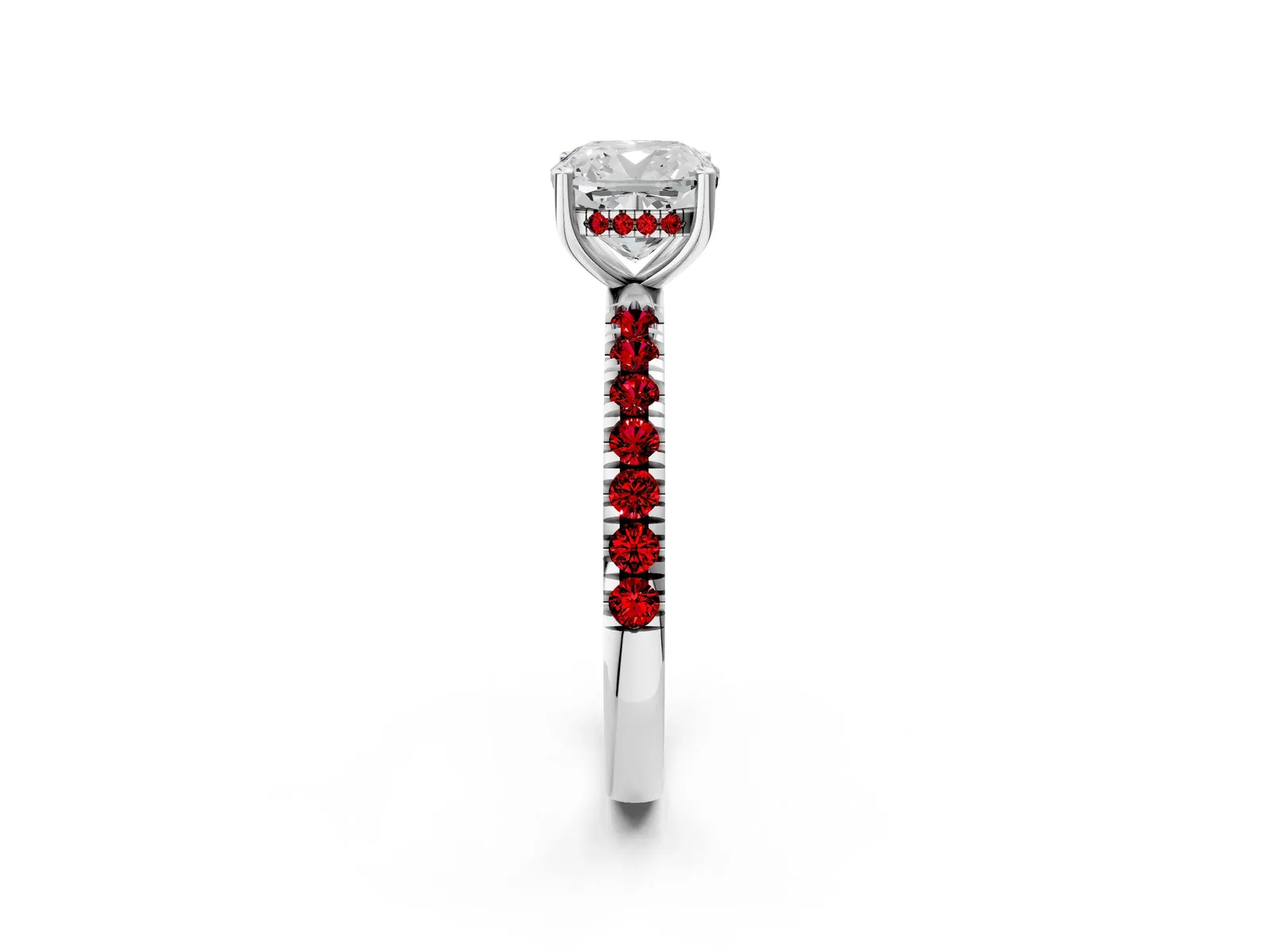 Cushion Cut Diamond Pave Band Solitaire Ring with Round Ruby and Prong Setting Platinum