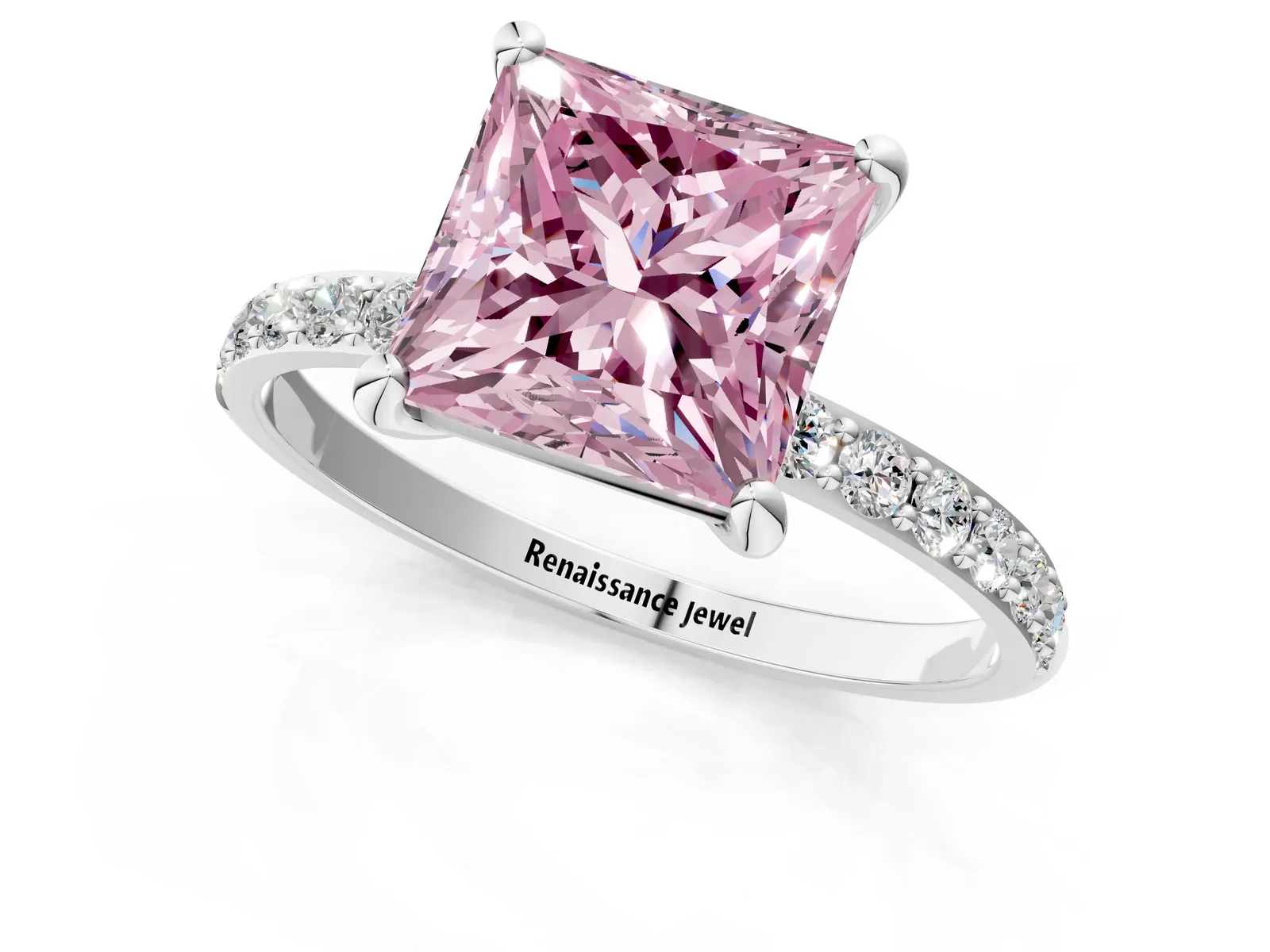 Fancy Pink Princess Cut Diamond Solitaire Ring with Round Pavé Band and Prong Setting Platinum