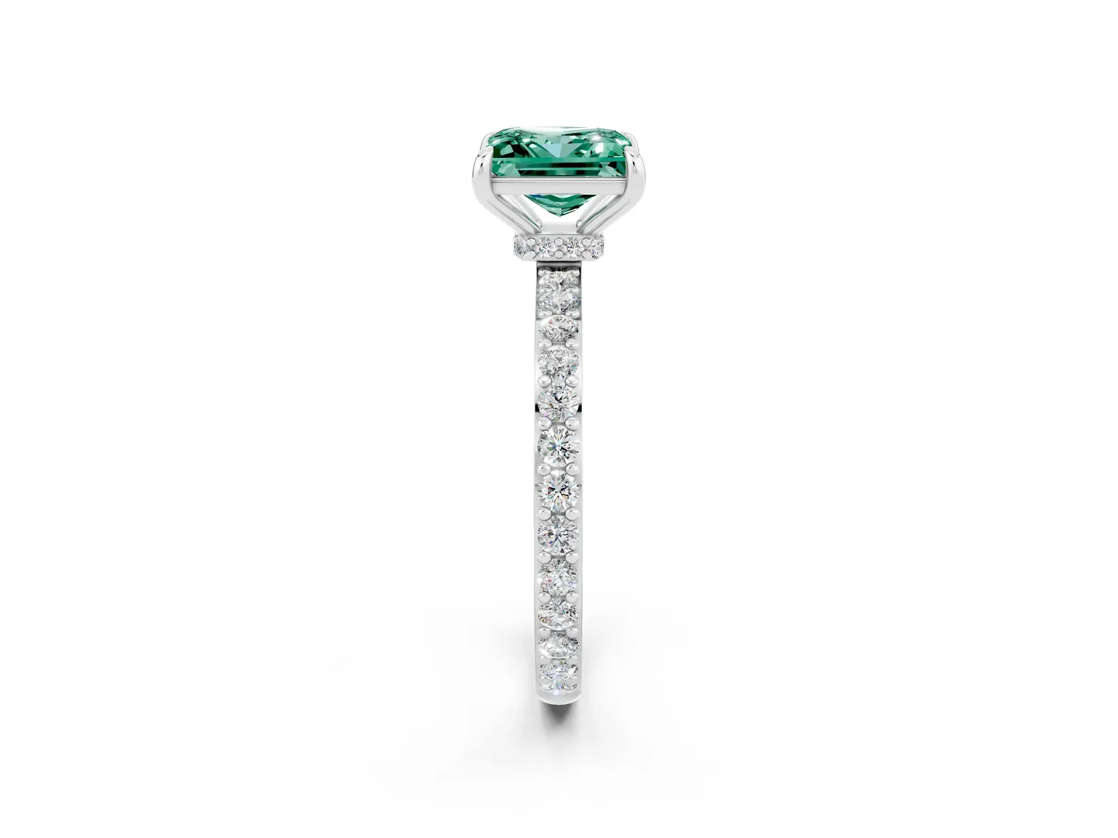 Princess Cut Green Sapphire Solitaire Engagement Ring with Pavé Band and Four-Prong Setting Platinum