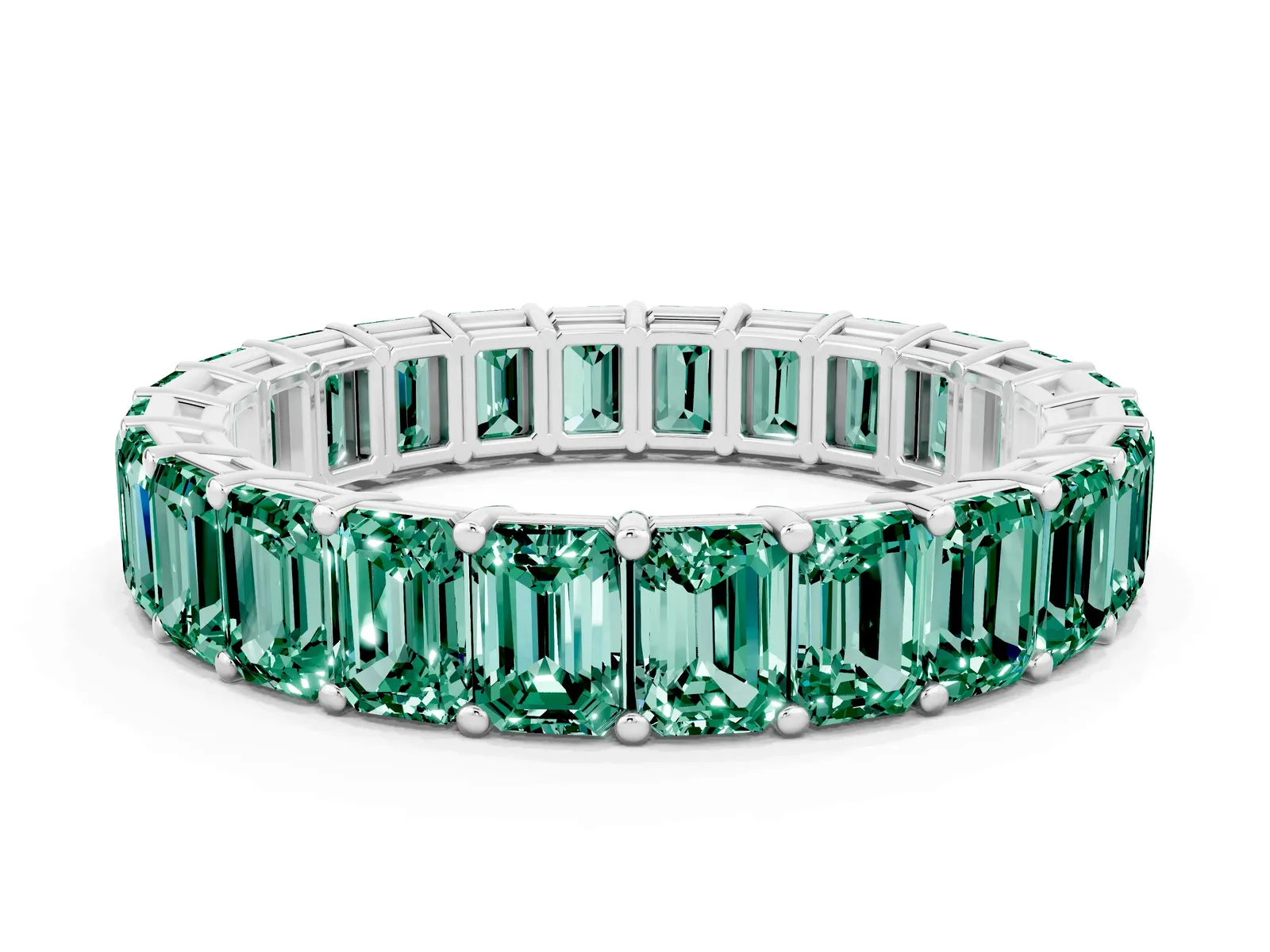 Emerald Cut Green Sapphire Eternity Band with Shared Prong Setting Platinum