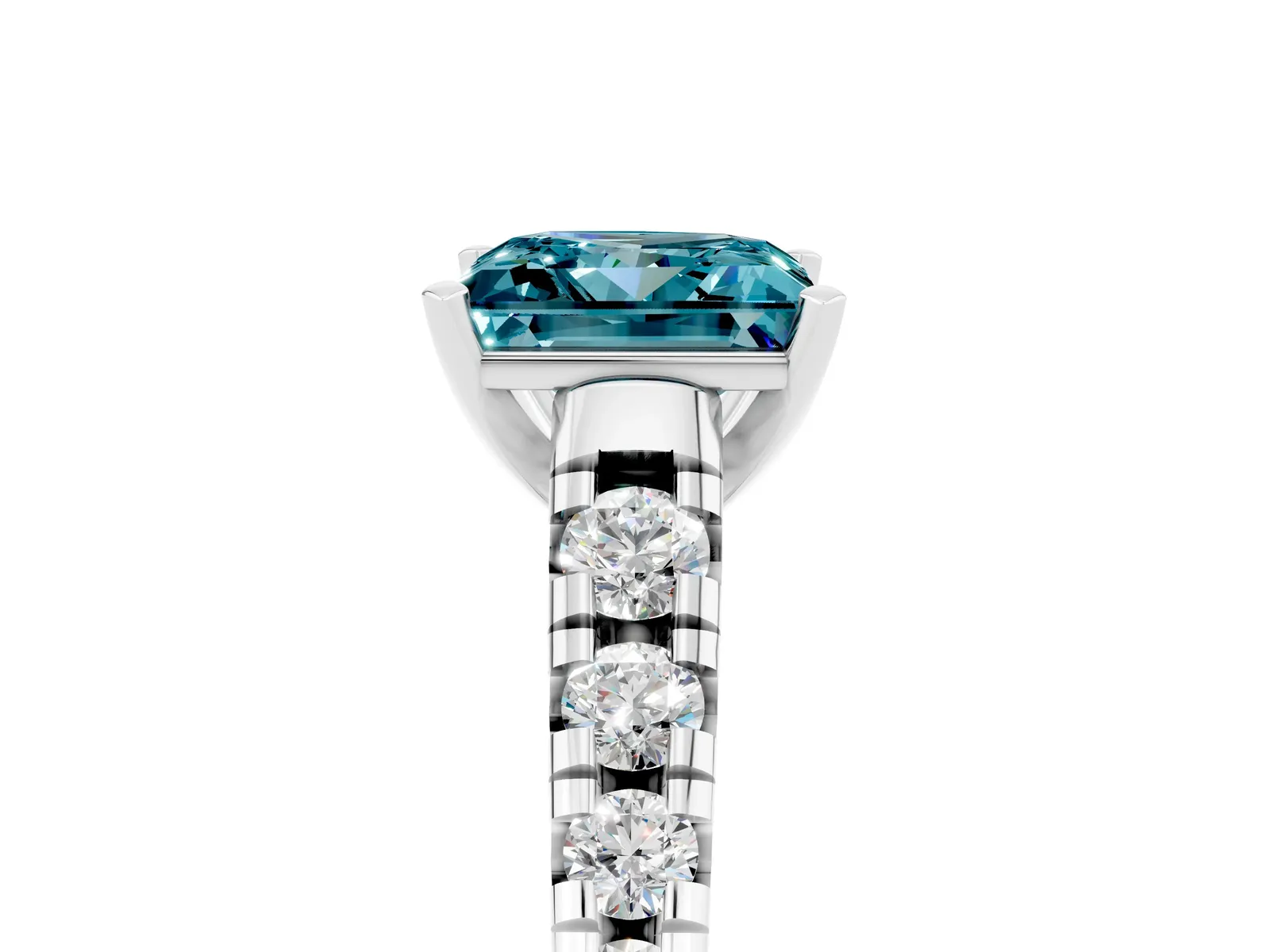 Princess Cut Blue Topaz Cathedral Solitaire Ring with Round Pavé Band Platinum