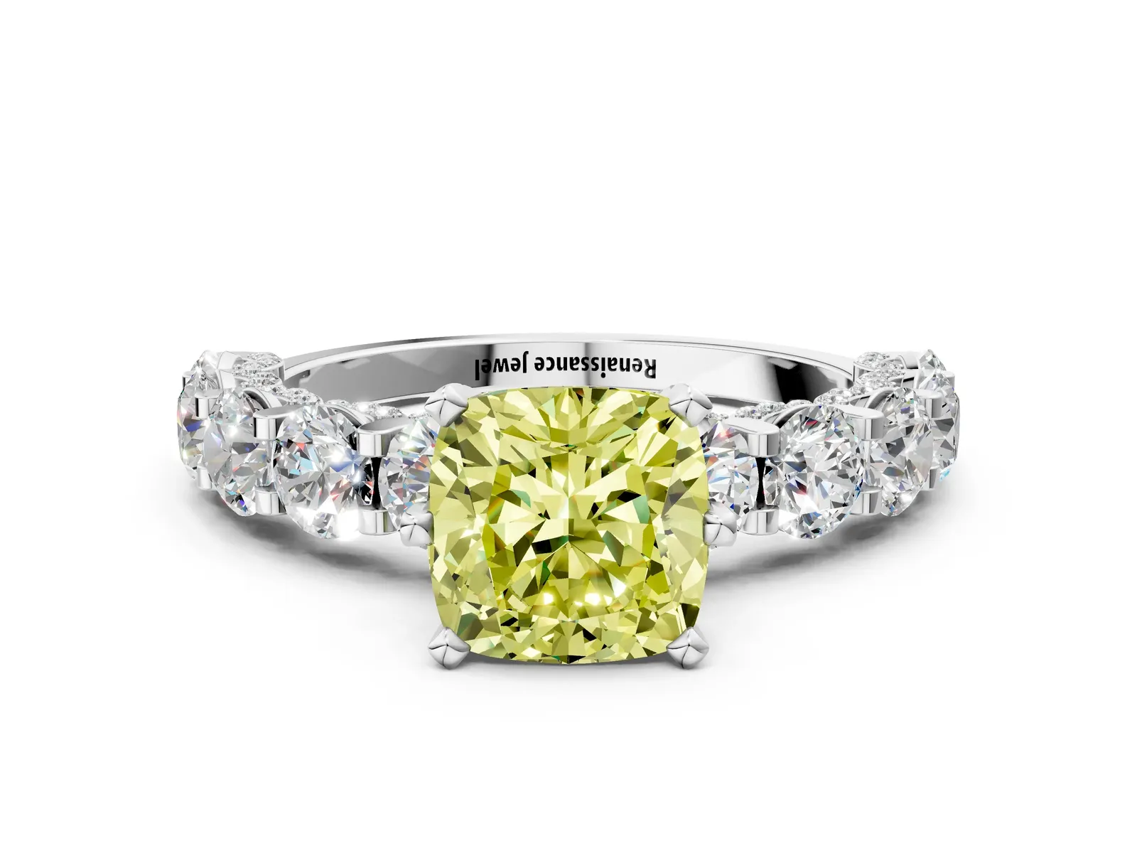 Fancy Yellow Cushion Cut Diamond Side Stone Engagement Ring with Four-Prong Setting Platinum