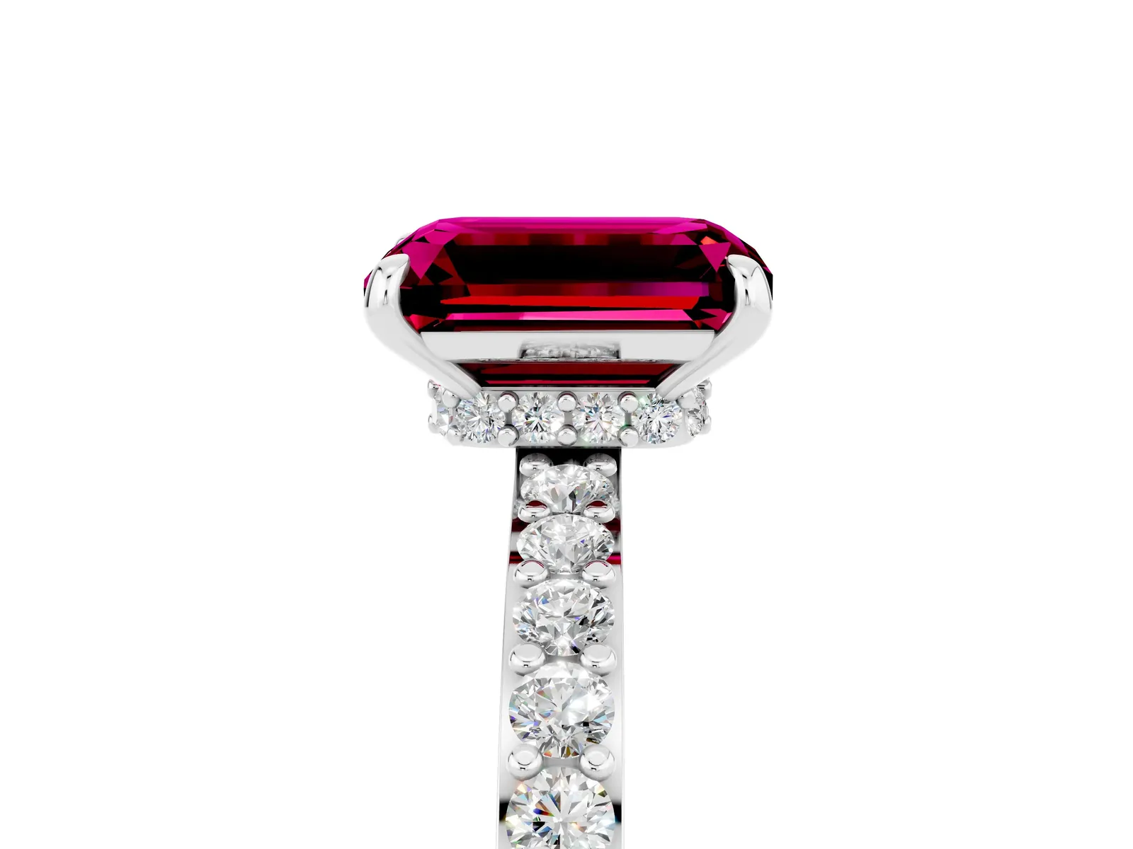 Emerald Cut Garnet Solitaire Engagement Ring with Pavé Band and Four-Prong Setting Platinum