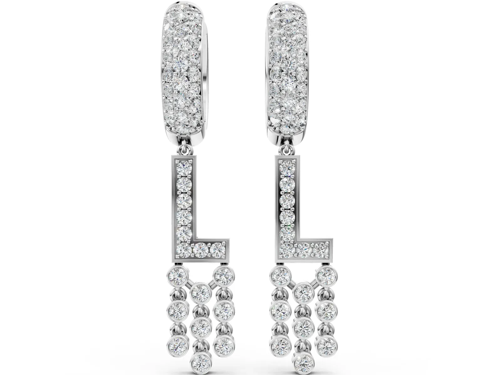 Round Diamond Initial L Huggie Hoop Earrings White gold