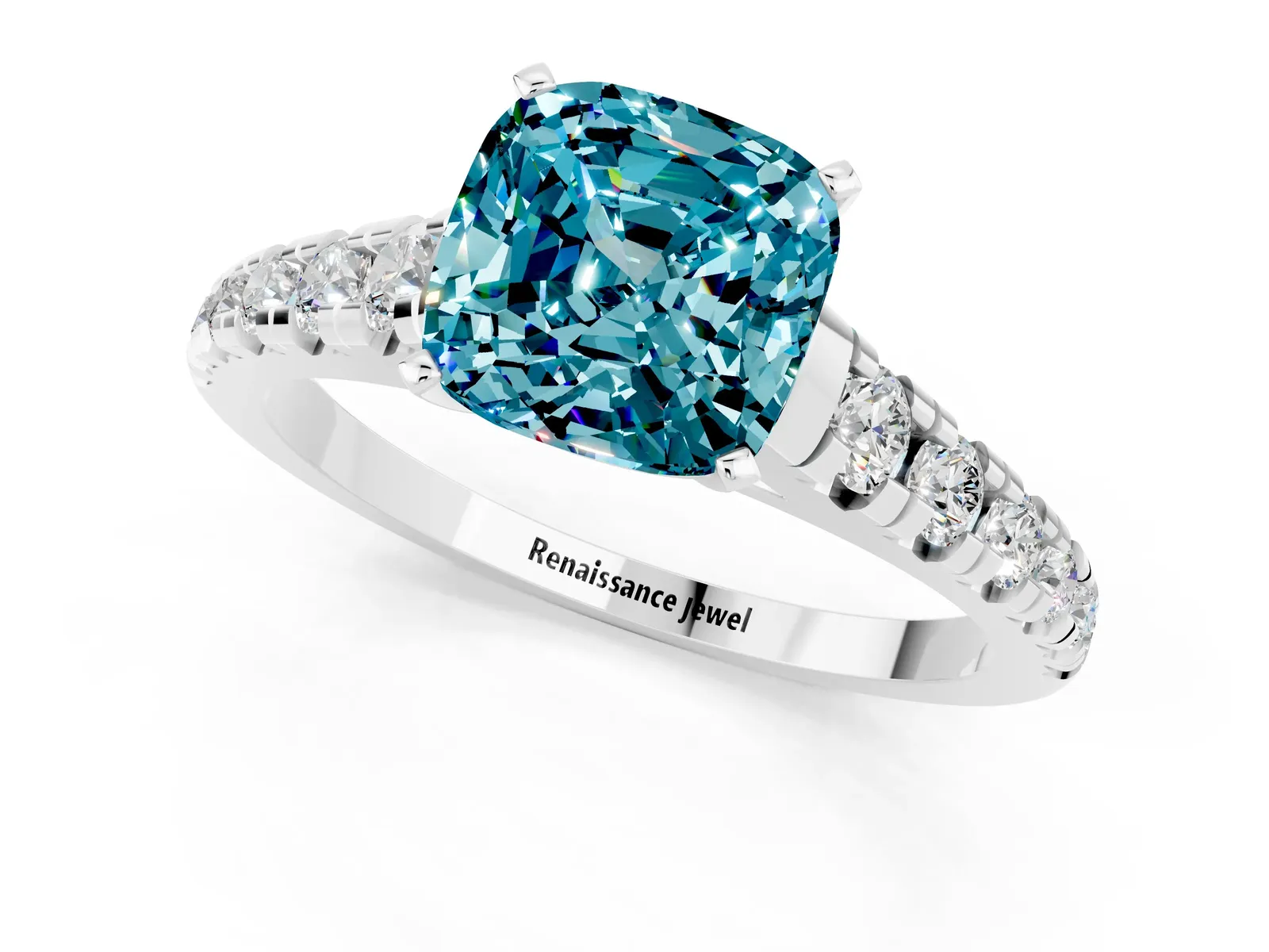 Cushion Cut Blue Topaz Cathedral Solitaire Ring with Round Pavé Band Platinum