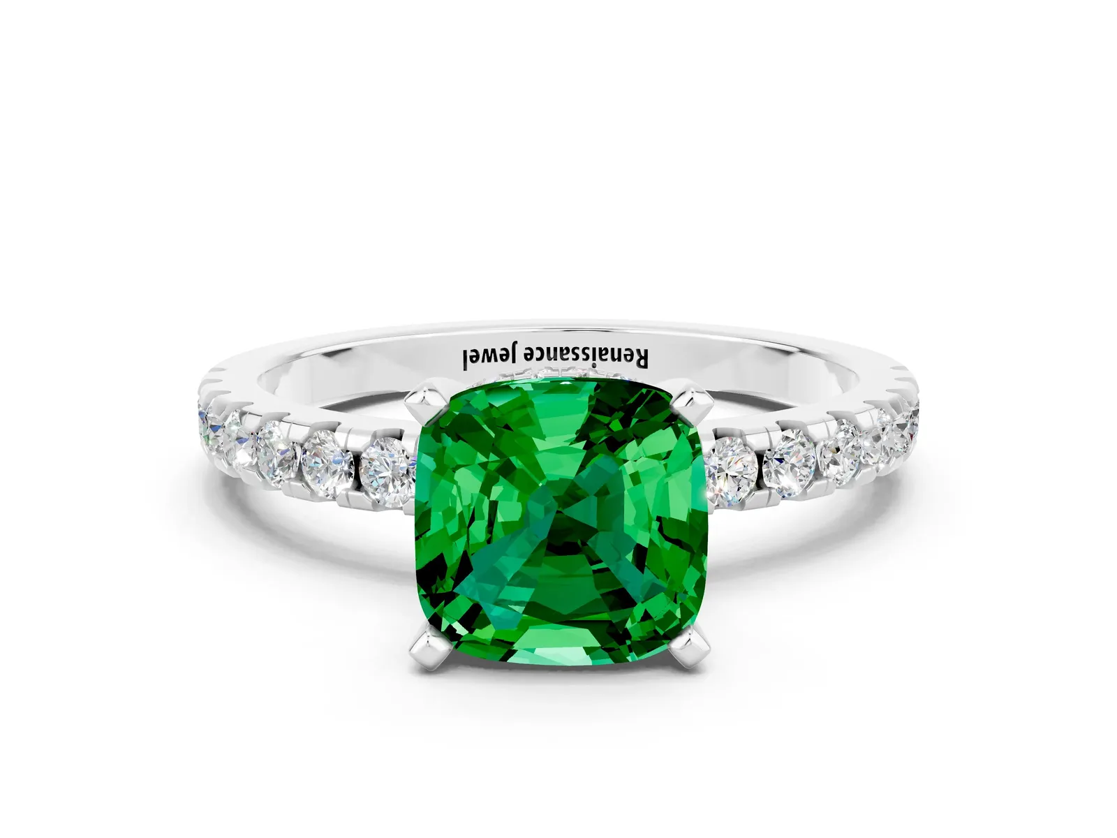 Cushion Cut Emerald Solitaire Ring with Round Pavé Band and Four-Prong Setting Platinum