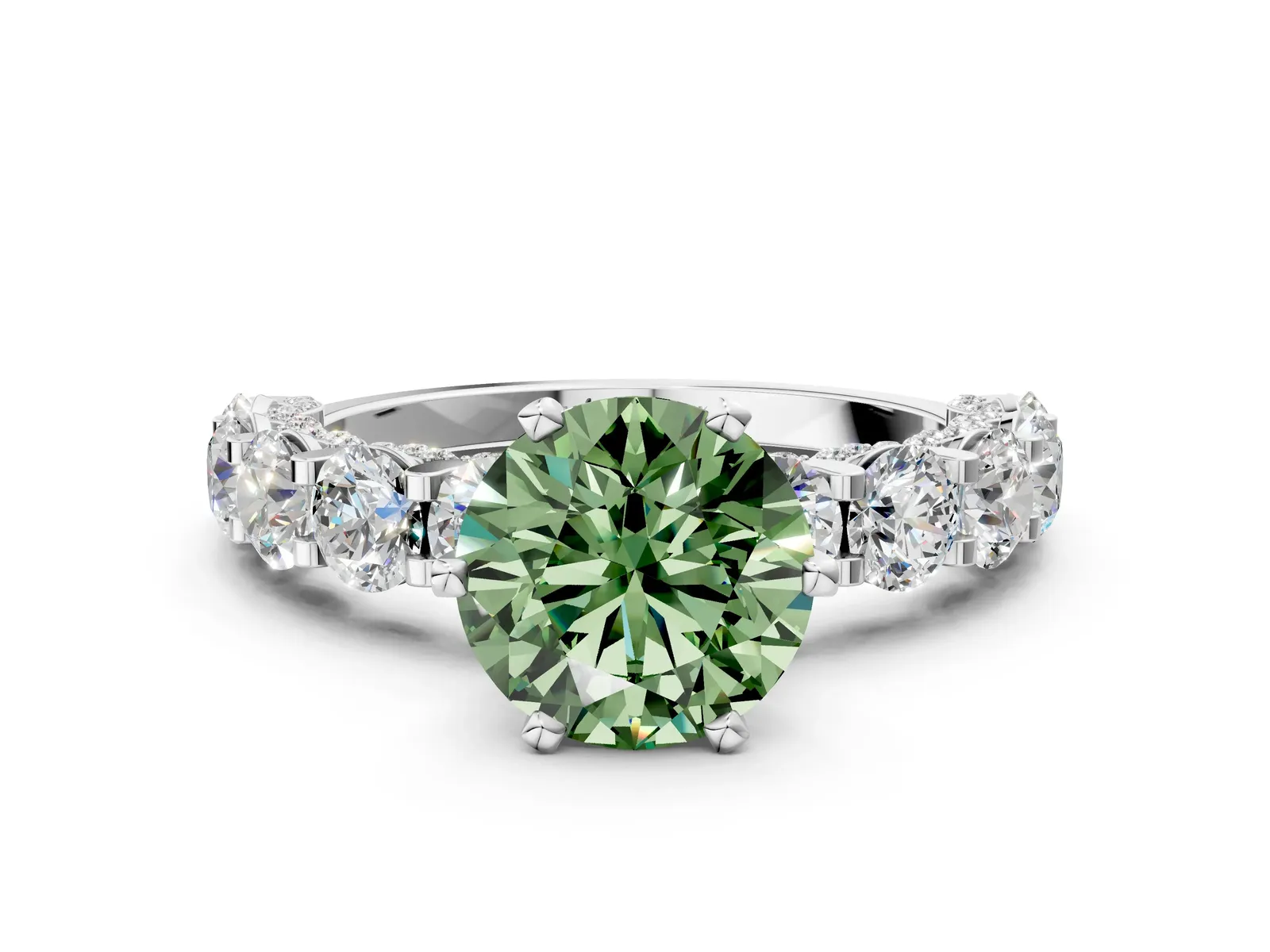 Fancy Green Round Cut Diamond Side Stone Engagement Ring with Four-Prong Setting White gold