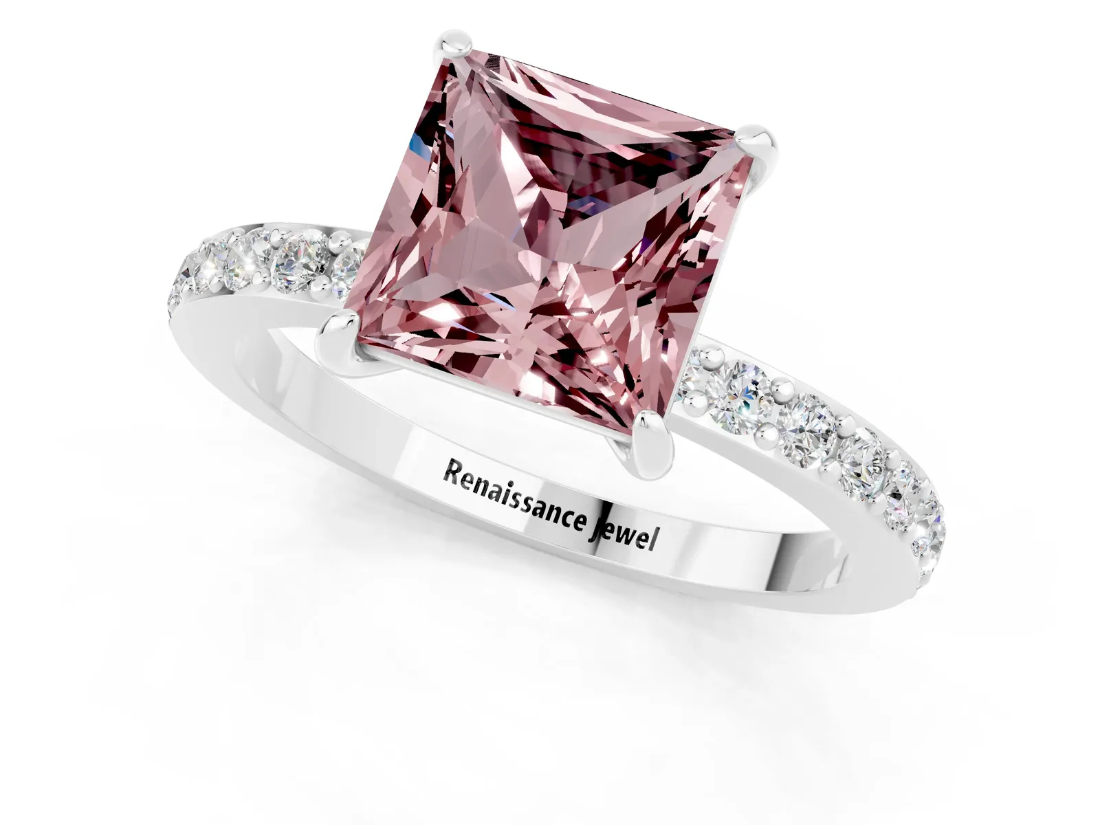 Princess Cut Morganite Solitaire Engagement Ring with Pavé Band and Four-Prong Setting Platinum