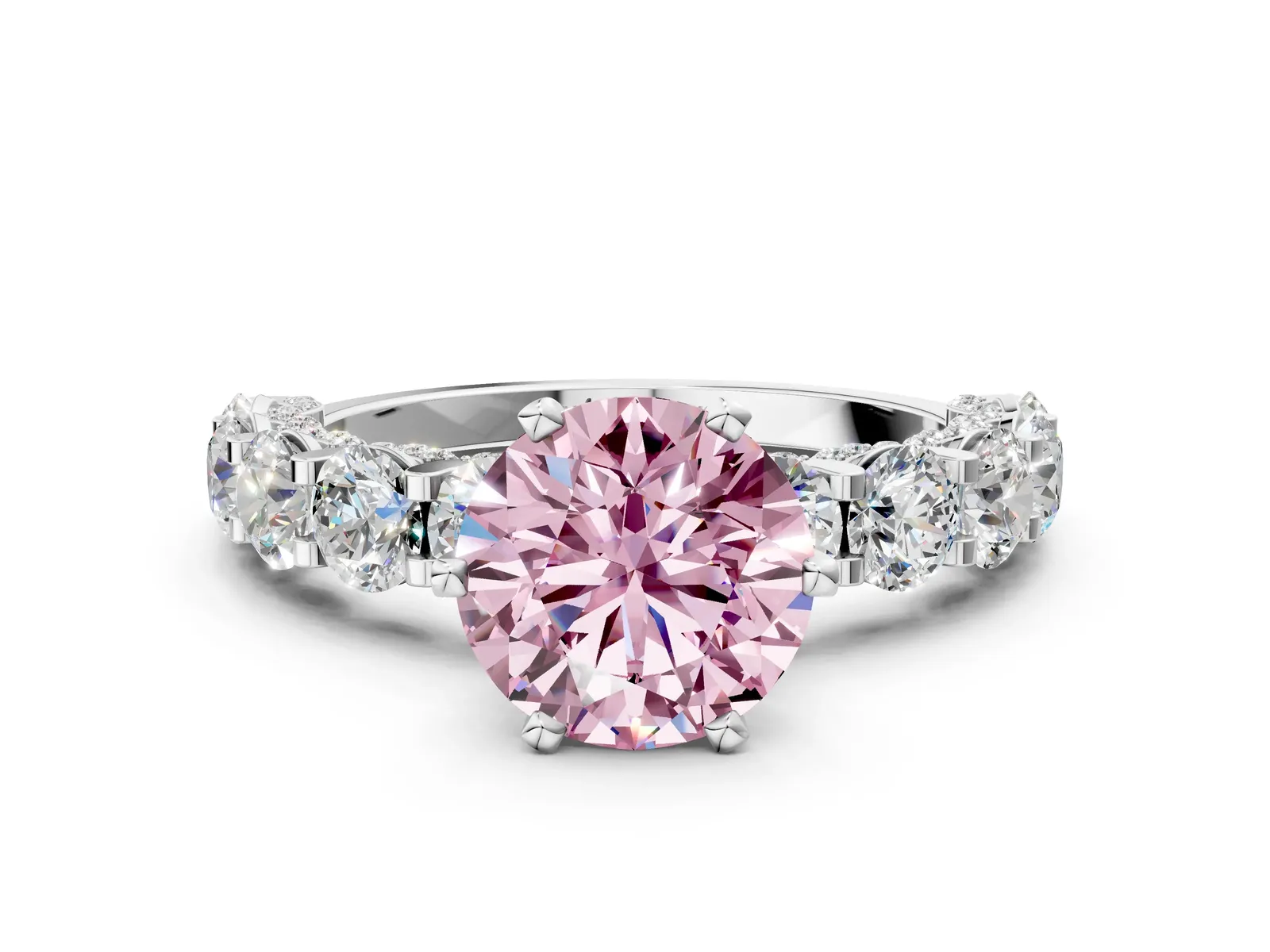 Fancy Pink Round Cut Diamond Side Stone Engagement Ring with Four-Prong Setting White gold