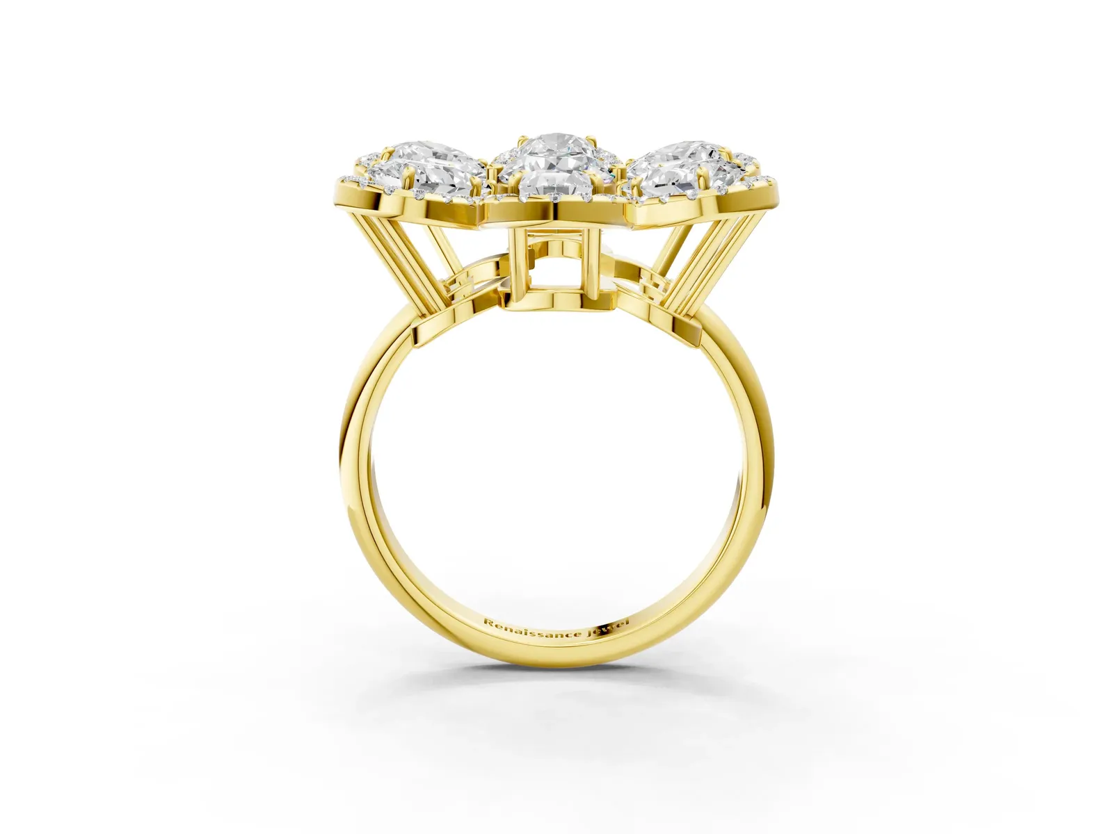 Pear Diamond Floral Promise Ring with Round Diamond Center Yellow gold