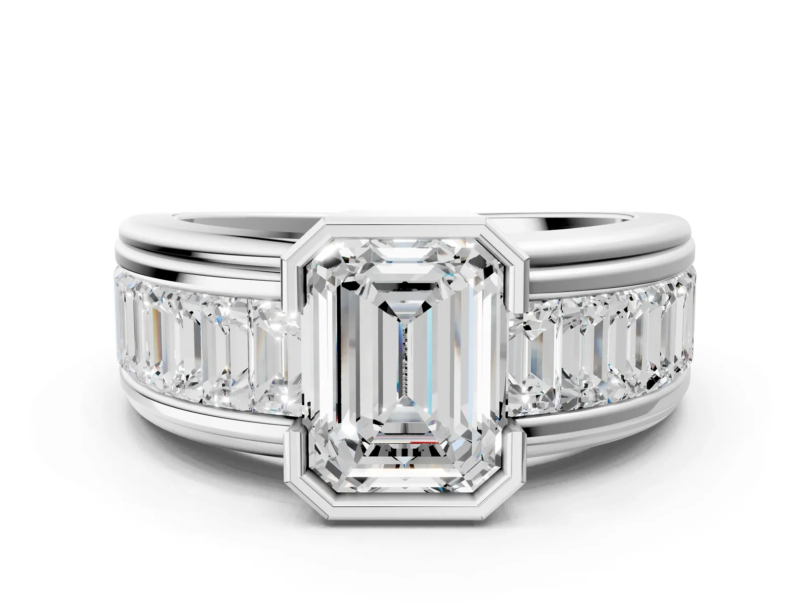 Emerald Cut Diamond Side Stone Engagement Ring White gold