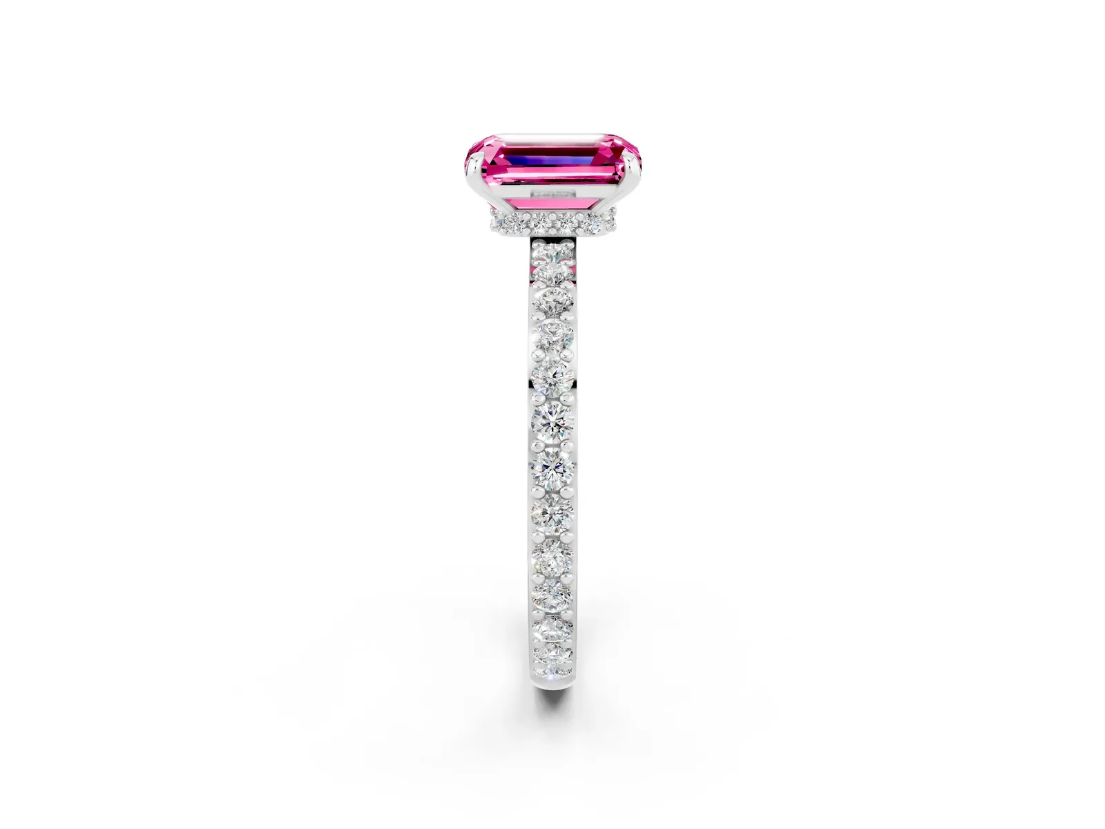 Emerald Cut Pink Sapphire Solitaire Engagement Ring with Pavé Band and Four-Prong Setting Platinum