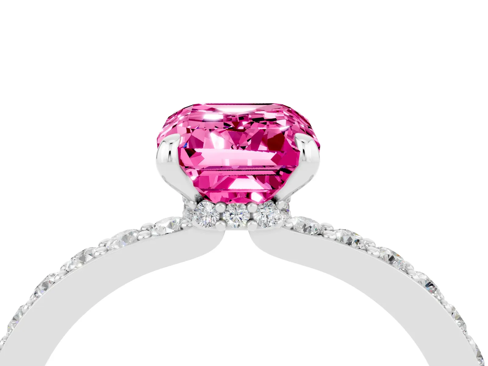 Emerald Cut Pink Sapphire Solitaire Engagement Ring with Pavé Band and Four-Prong Setting Platinum