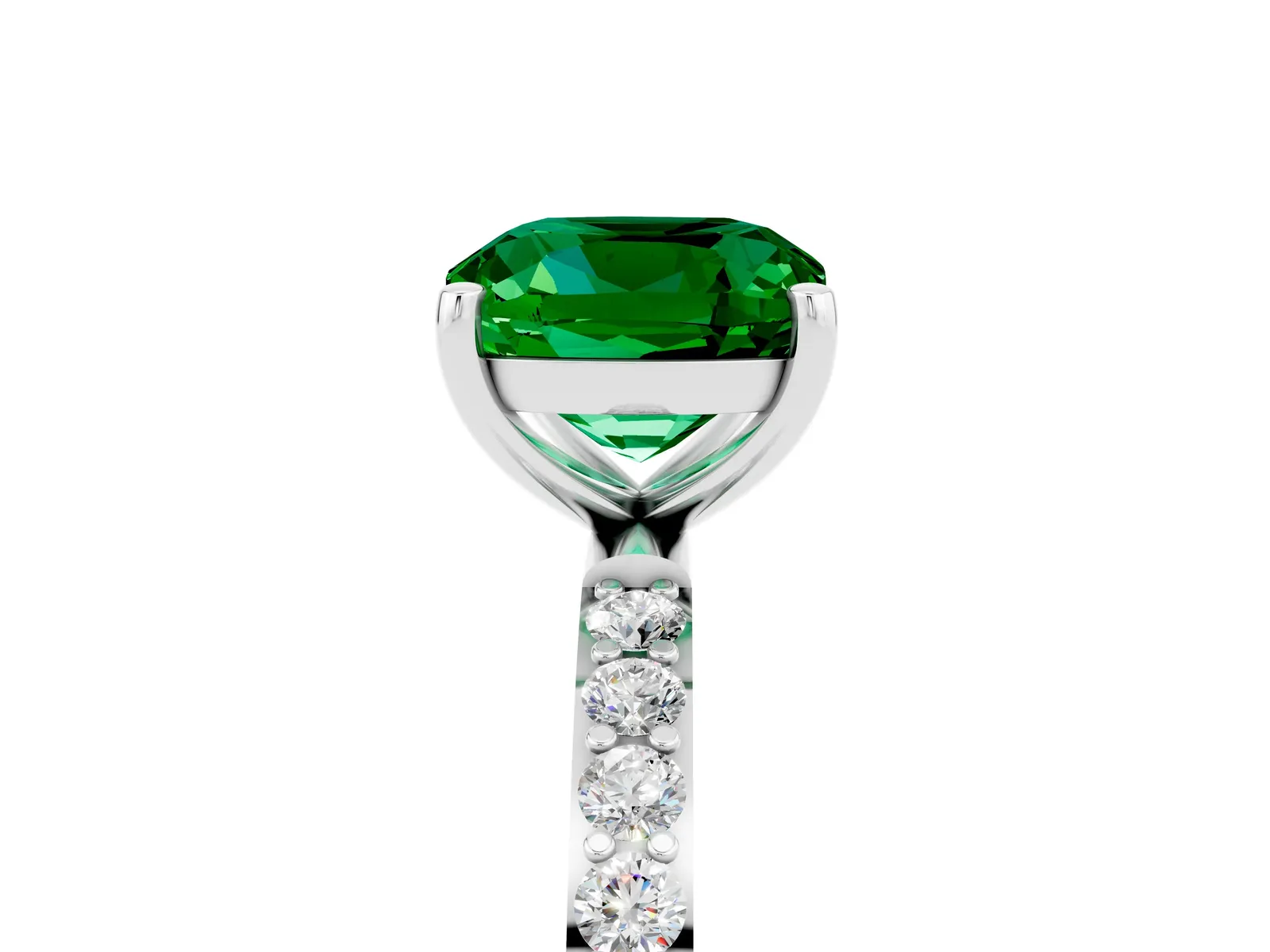 Cushion Cut Emerald Solitaire Ring with Round Pavé Band and Prong Setting Platinum