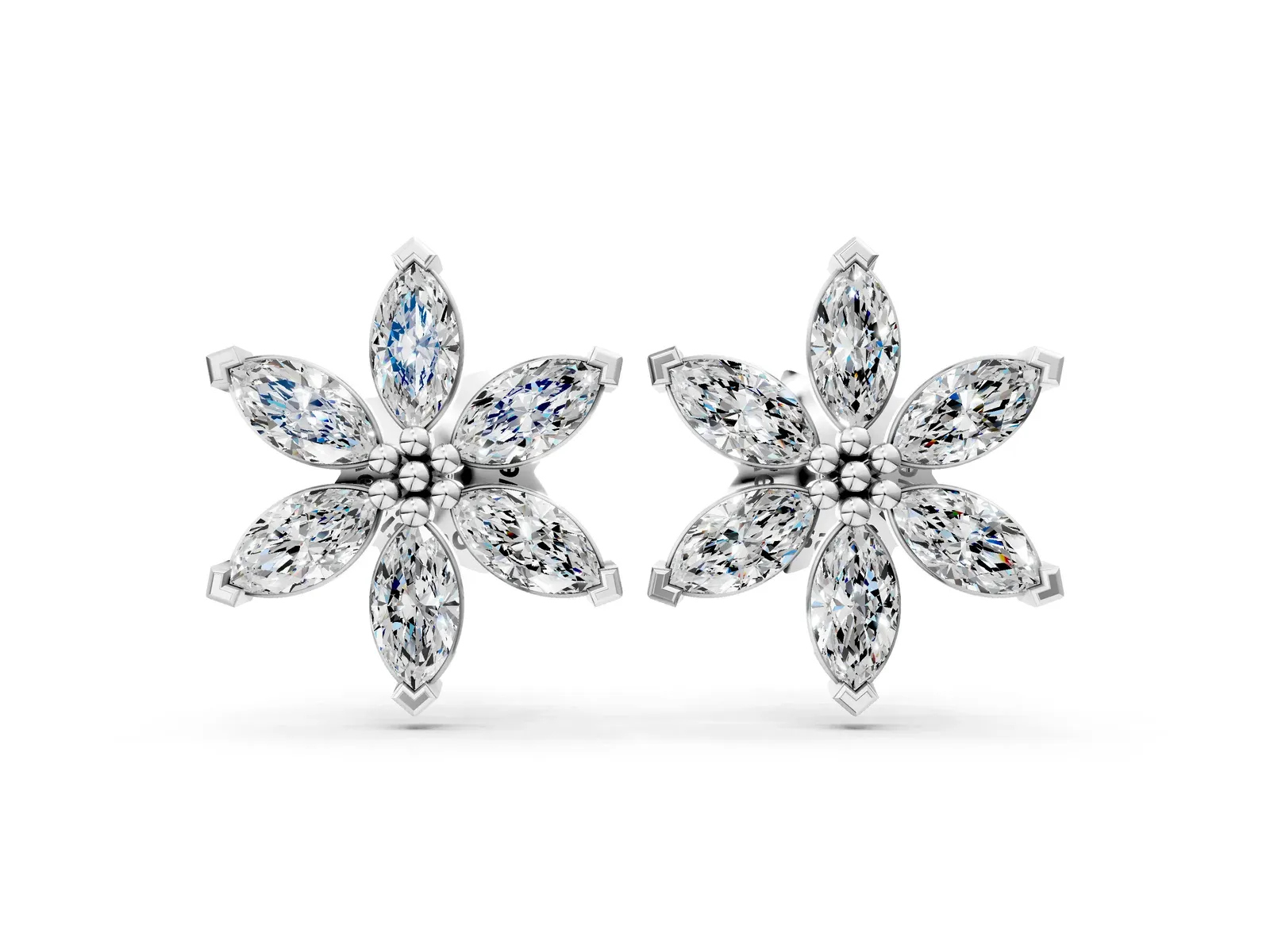 Marquise Diamond Sunflower Stud Earrings Silver