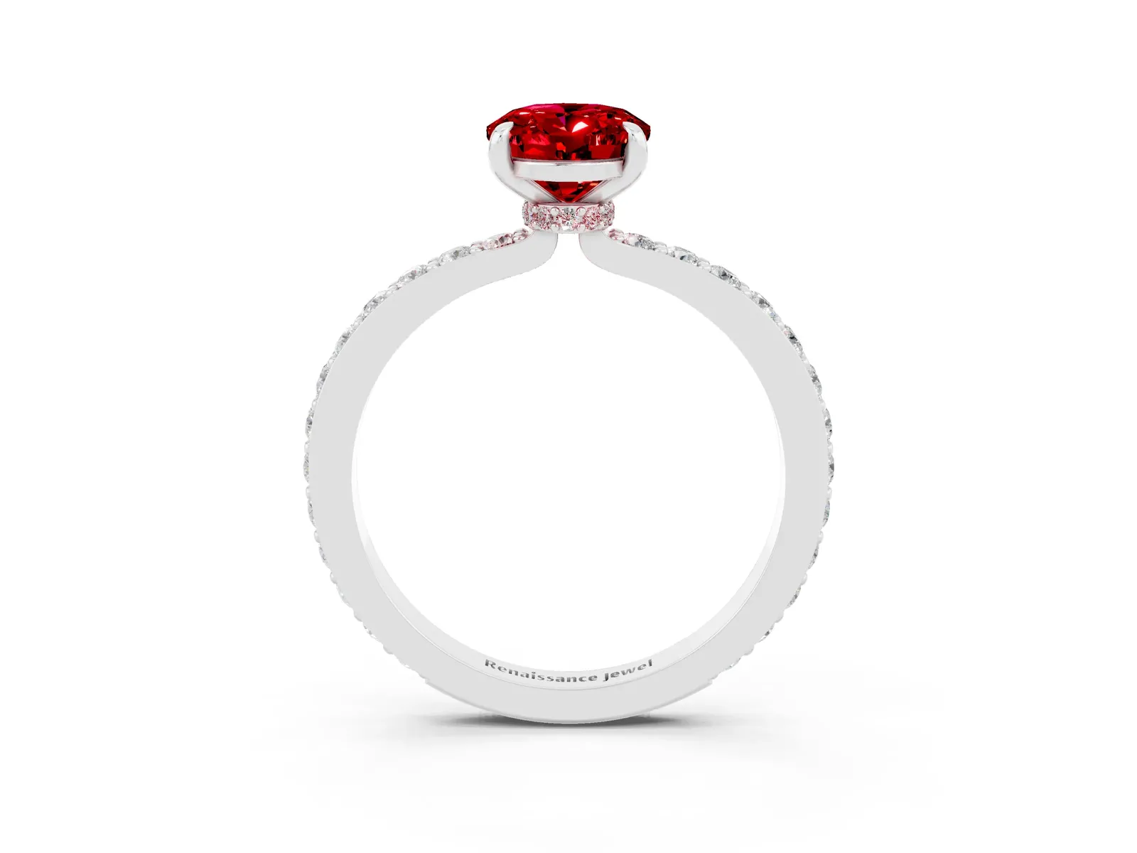 Oval Cut Ruby Solitaire Engagement Ring with Pavé Band and Four-Prong Setting Platinum