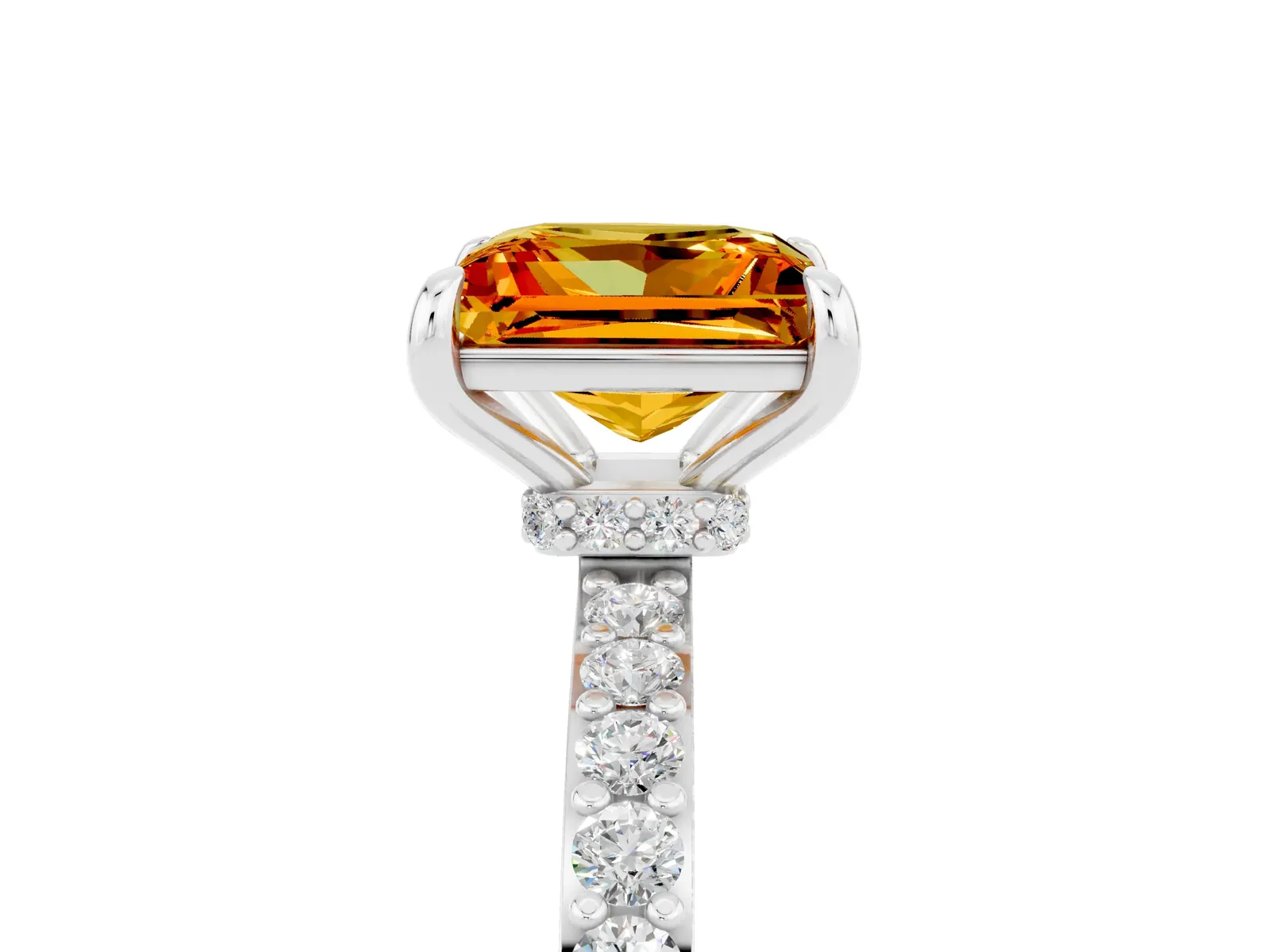 Princess Cut Citrine Solitaire Engagement Ring with Pavé Band and Four-Prong Setting Platinum
