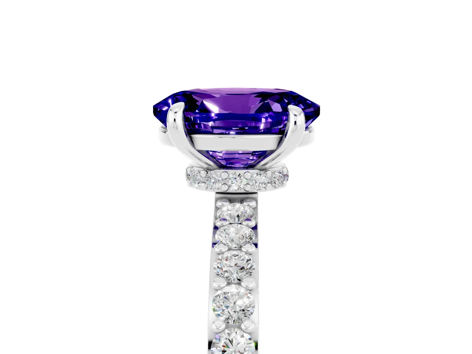 Oval Cut Tanzanite Solitaire Engagement Ring with Pavé Band and Four-Prong Setting Platinum